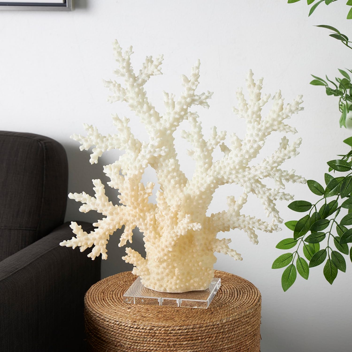 Deco 79 Polystone Coral Decorative Sculpture Home Decor Statue with Clear Acrylic Base, Accent Figurine 21' x 6' x 21', Cream