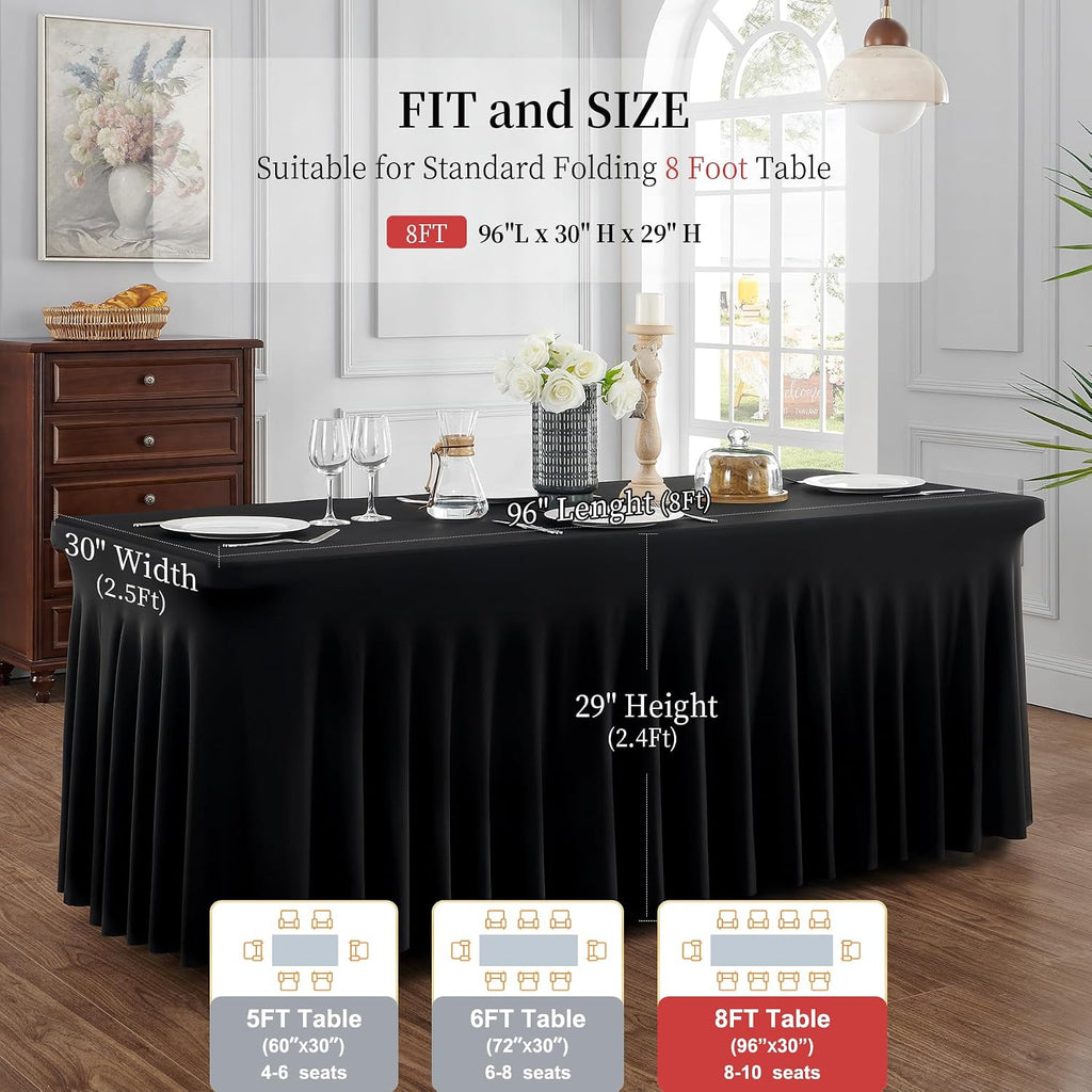Outpain Black Spandex Tablecloth for 8 Foot Rectangle Tables, 8 Pack Black Fitted Table Cloths 8ft Stretchy Banquet Table Clothes Cover Desk Skirt for Birthday Wedding Parties Baby Shower