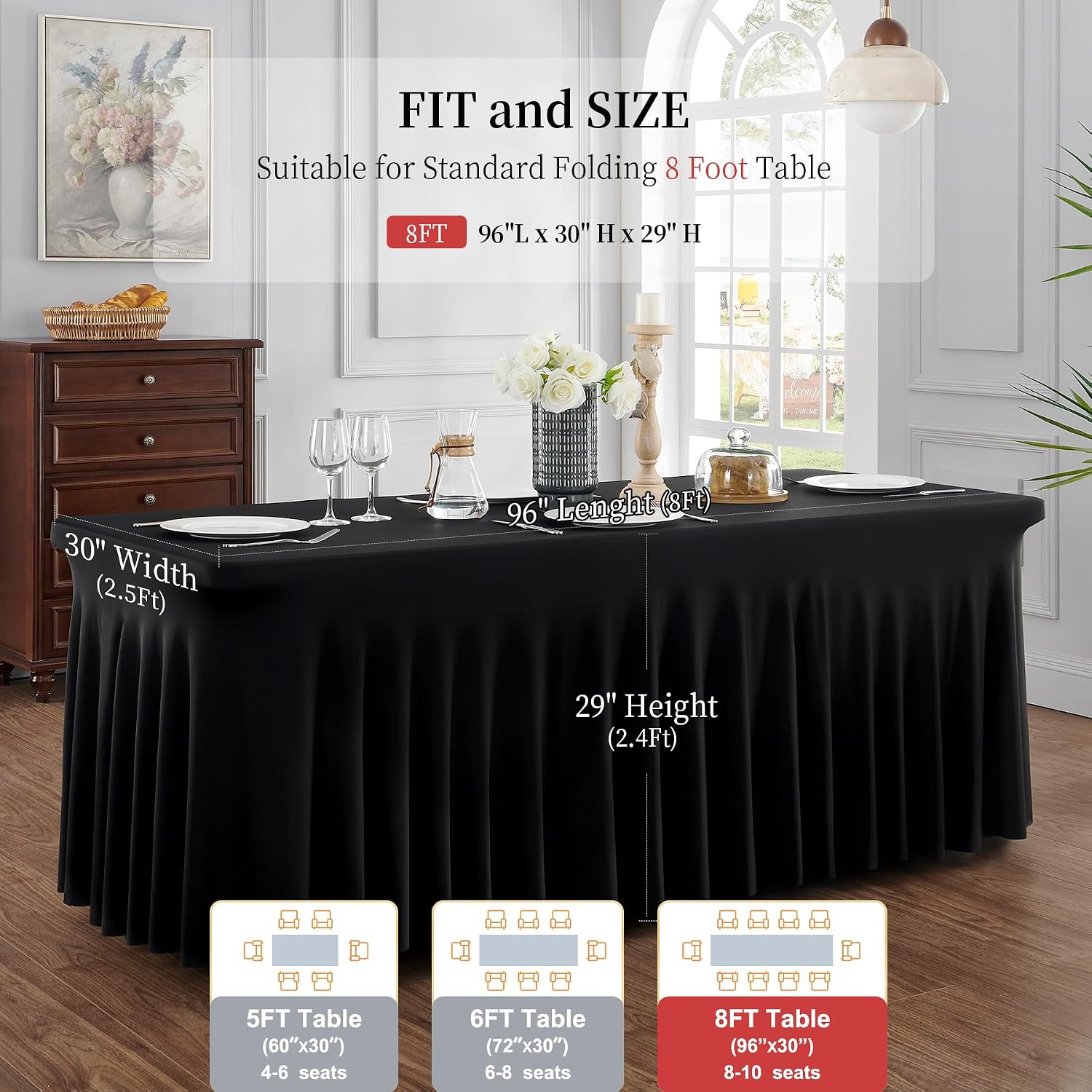 Outpain Black Spandex Tablecloth for 8 Foot Rectangle Tables, 8 Pack Black Fitted Table Cloths 8ft Stretchy Banquet Table Clothes Cover Desk Skirt for Birthday Wedding Parties Baby Shower