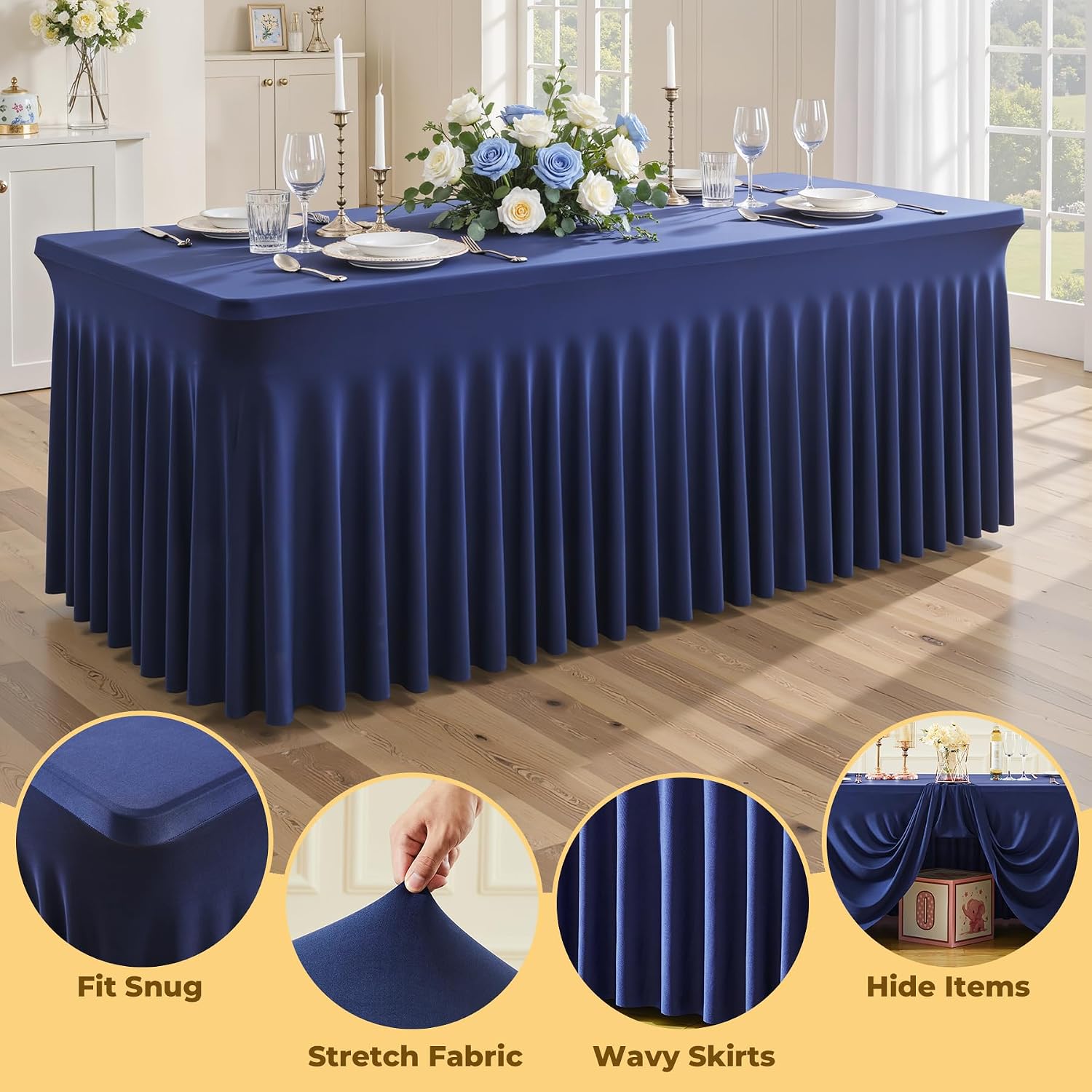 6 Pack Navy Blue Spandex Fitted Tablecloth 8 Foot - Stretch Table Clothes for 8 FT Rectangle Table, Washable Ruffles Elastic for Weddings, Buffet, Banquet, Trade Craft Show, Party Celebration