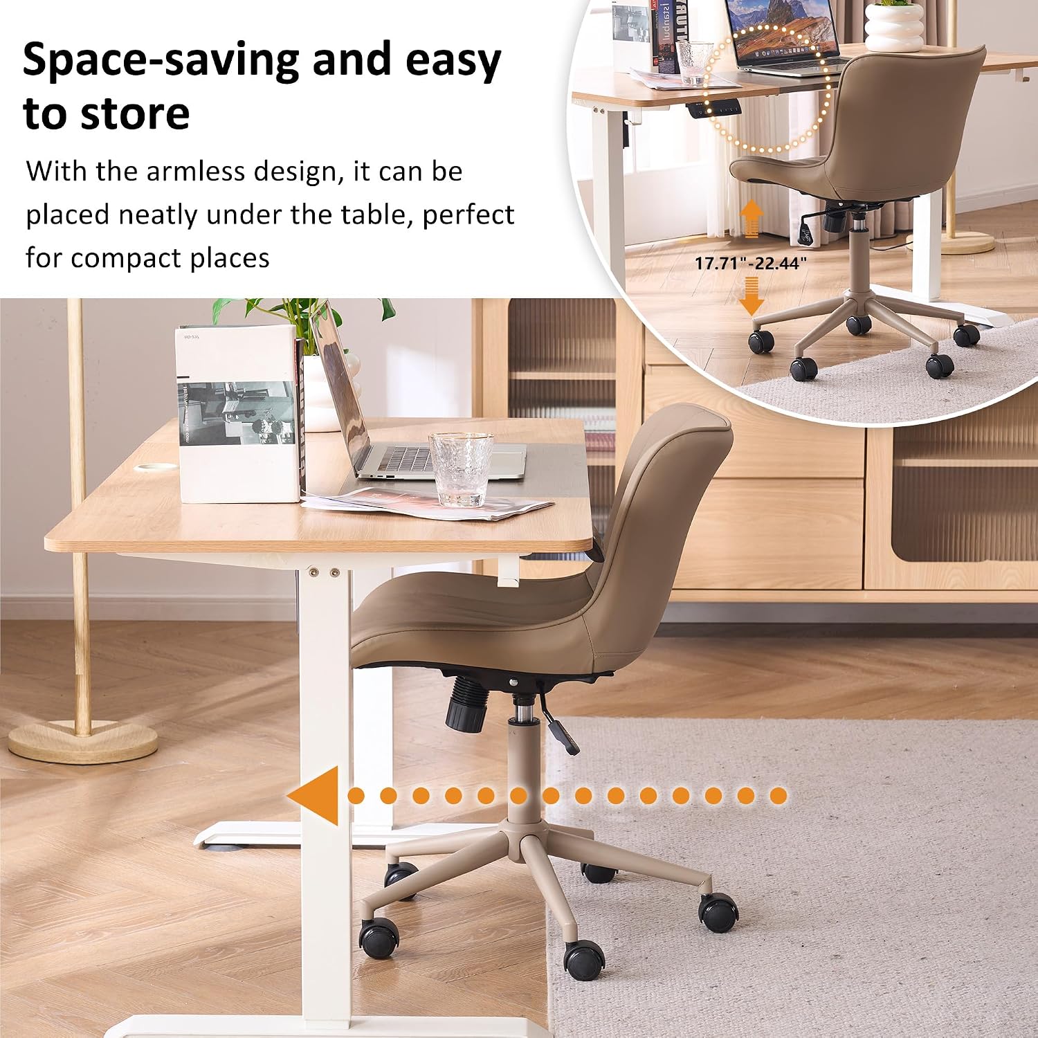 YOUNIKE Home Office Desk Chair with Wheels Armless Vanity Chair with Back Comfy Modern Leather Upholstered Rolling Task Chair Swivel Small Cute Sewing Chair No Arms Wide Adjustable Ergonomic All Khaki