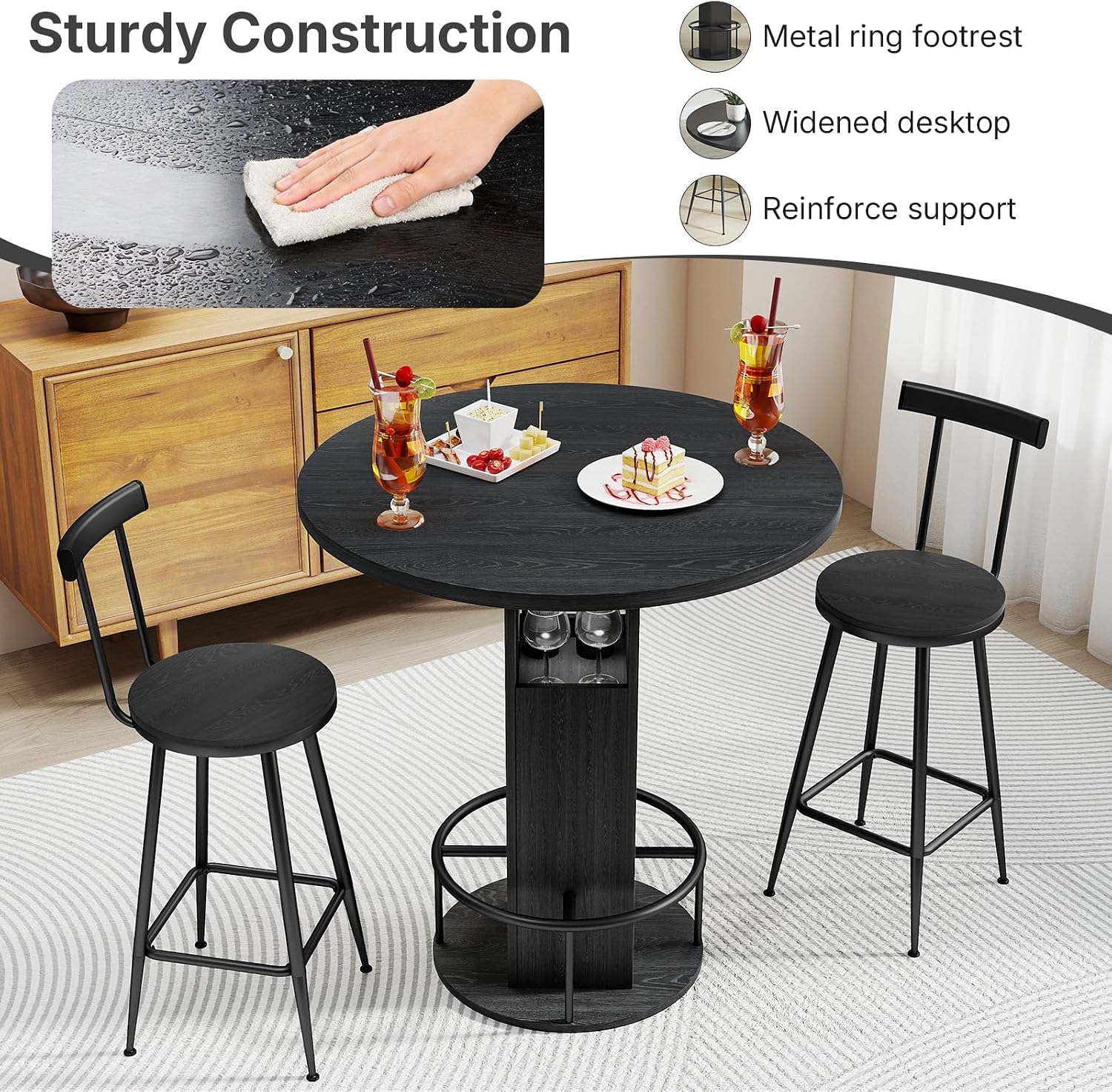 Kiivakii 31.5' 3 Pieces Round Bar Table Set, Pub Table and Chairs for 2, Kitchen Bar Table with 2 Stools & Built-in Storage, Small Dining Table Set for Dining Room, Bistro & Small Space, Black