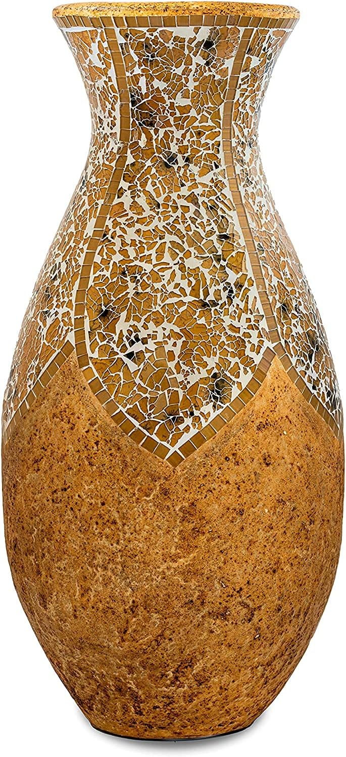 Floor Vase, 18 Inch Mosaic Vase – Tall Cylinder Made of Terracotta with Yellow Tan Glass Mosaic Pieces – Handcrafted Decorative Home Décor Accent Piece for Bedroom, Living Room, Office