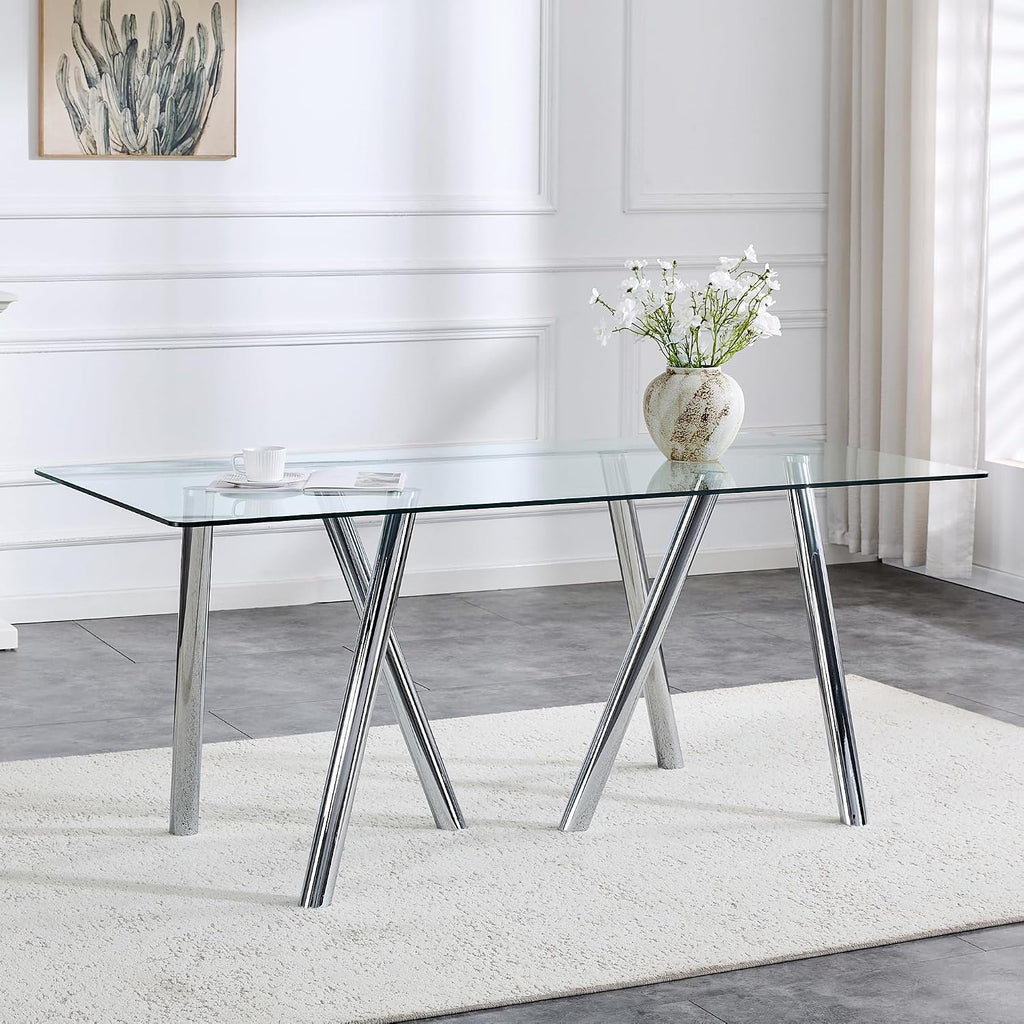71' Glass Silver Dining Table for 4 6, Modern Kitchen Dining Room Table with 0.39' Thick Tempered Glass Tabletop and Metal Legs, Large Rectangle Dinner Tables for Home Kitchen Living Room