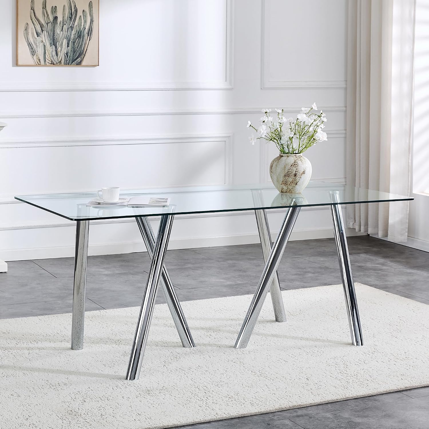 71' Glass Silver Dining Table for 4 6, Modern Kitchen Dining Room Table with 0.39' Thick Tempered Glass Tabletop and Metal Legs, Large Rectangle Dinner Tables for Home Kitchen Living Room