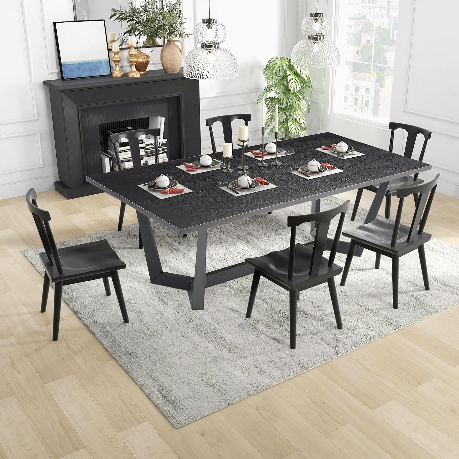 70.86'' Rectangular Wood Dining Table for 6-8, Modern Mid-Century Contemporary Dining Table for Living Room Kitchen, Dining Kitchen Table with Metal Leg Base, Easy Assembly, Black