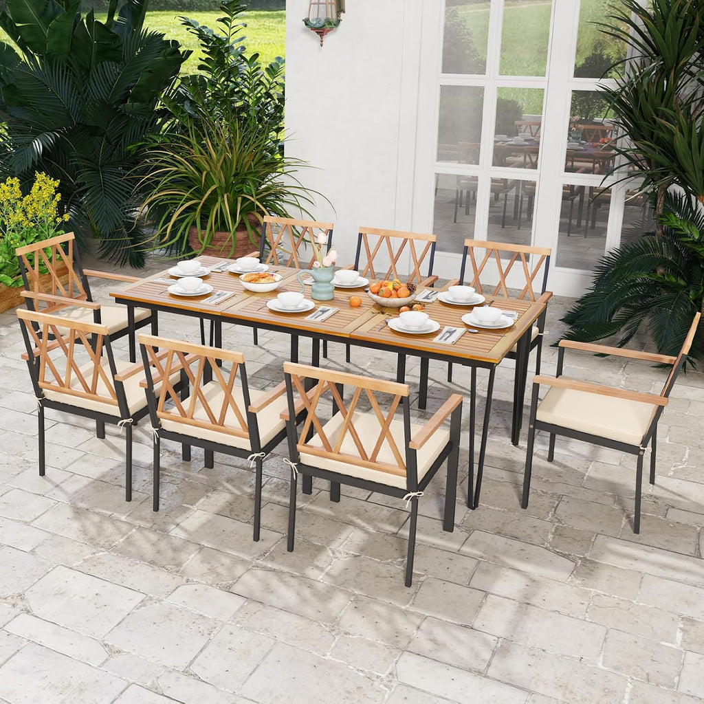 HAPPYGRILL Patio Dining Table for 8, 79' Rectangle Table with Acacia Wood Tabletop & Heavy Duty Metal Frame, Outdoor Dining Table with 2' Umbrella Hole for Backyard, Lawn & Garden