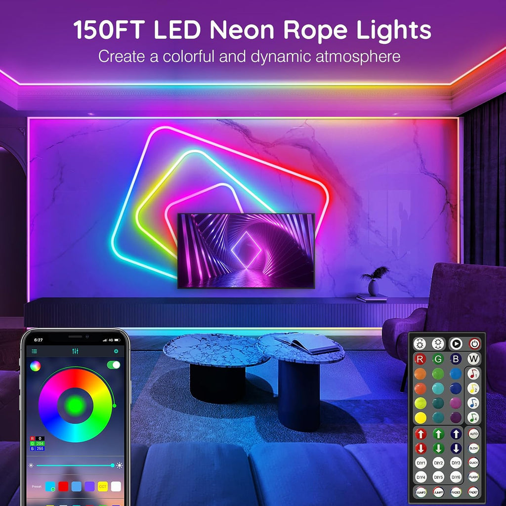 AILBTON 150Ft Neon Rope Lights,Flexible Led Rope Lights Control with App/Remote,Multiple Modes RopeLights,IP65 Outdoor RGB Led Neon Lights NonWater Resistant,Music Sync Gaming Led NeonLight Strip