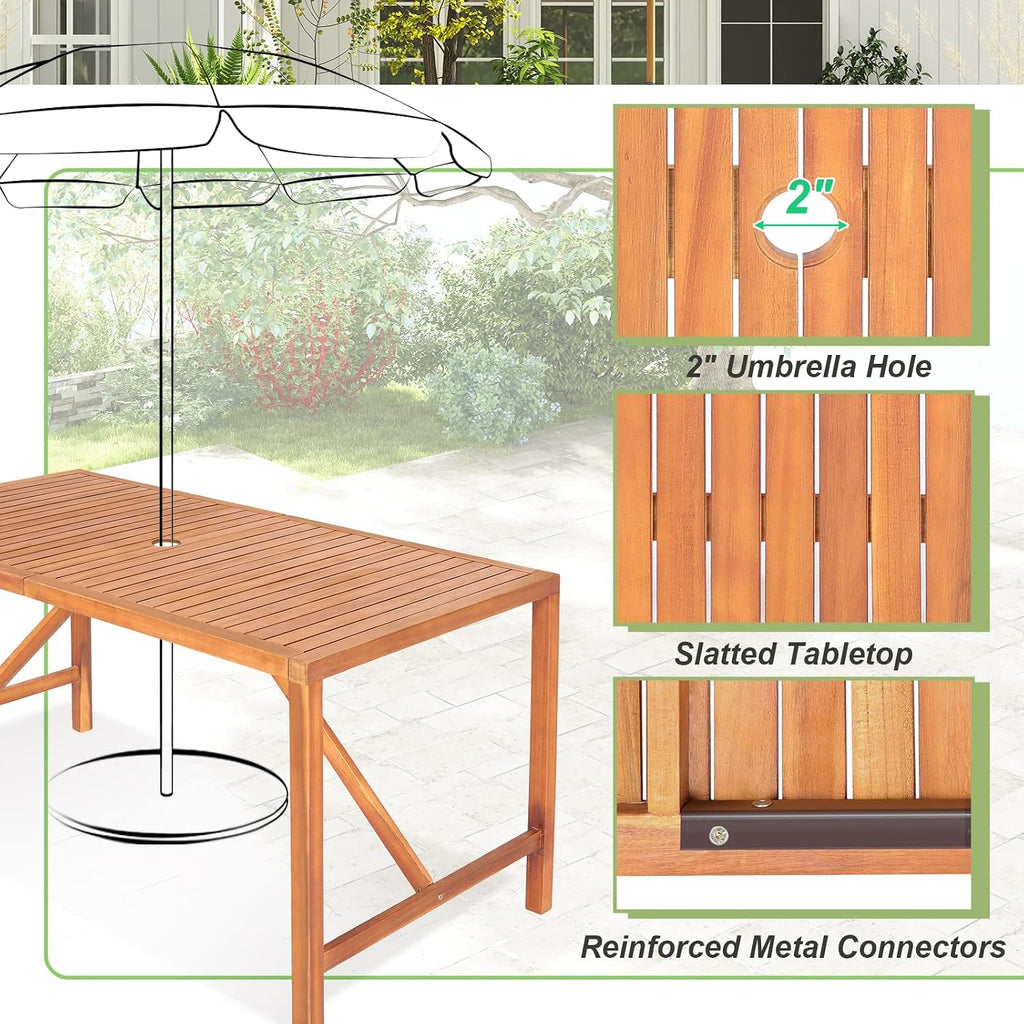 Tangkula 55' Acacia Wood Outdoor Dining Table for 4-6 Person, Rectangular Patio Dining Table with 2' Umbrella Hole and Support Bars, Indoor Outdoor Dining Furniture for Deck, Garden, Poolside & Yard