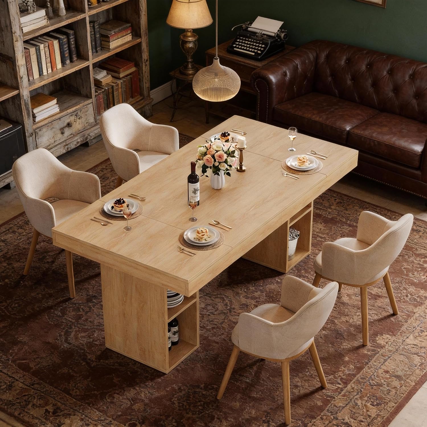 Garvee 63-Inch Large Dining Table for 4-6 with Dual Side Storage, Wooden Kitchen Table w/Large Tabletop & Sturdy Frame, Rectangular Dining Table with Double Pedestal,for Kitchen, Dinner, Light Oak