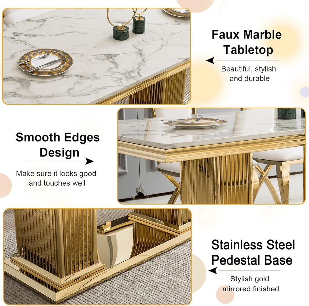 68' White Marble Dining Table for 6 to 8, Luxury Large Rectangular Faux Marble Tabletop & Gold Double Pedestal Base, Mid Century Modern Kitchen Dining Room Table for Dinner Family Gathering