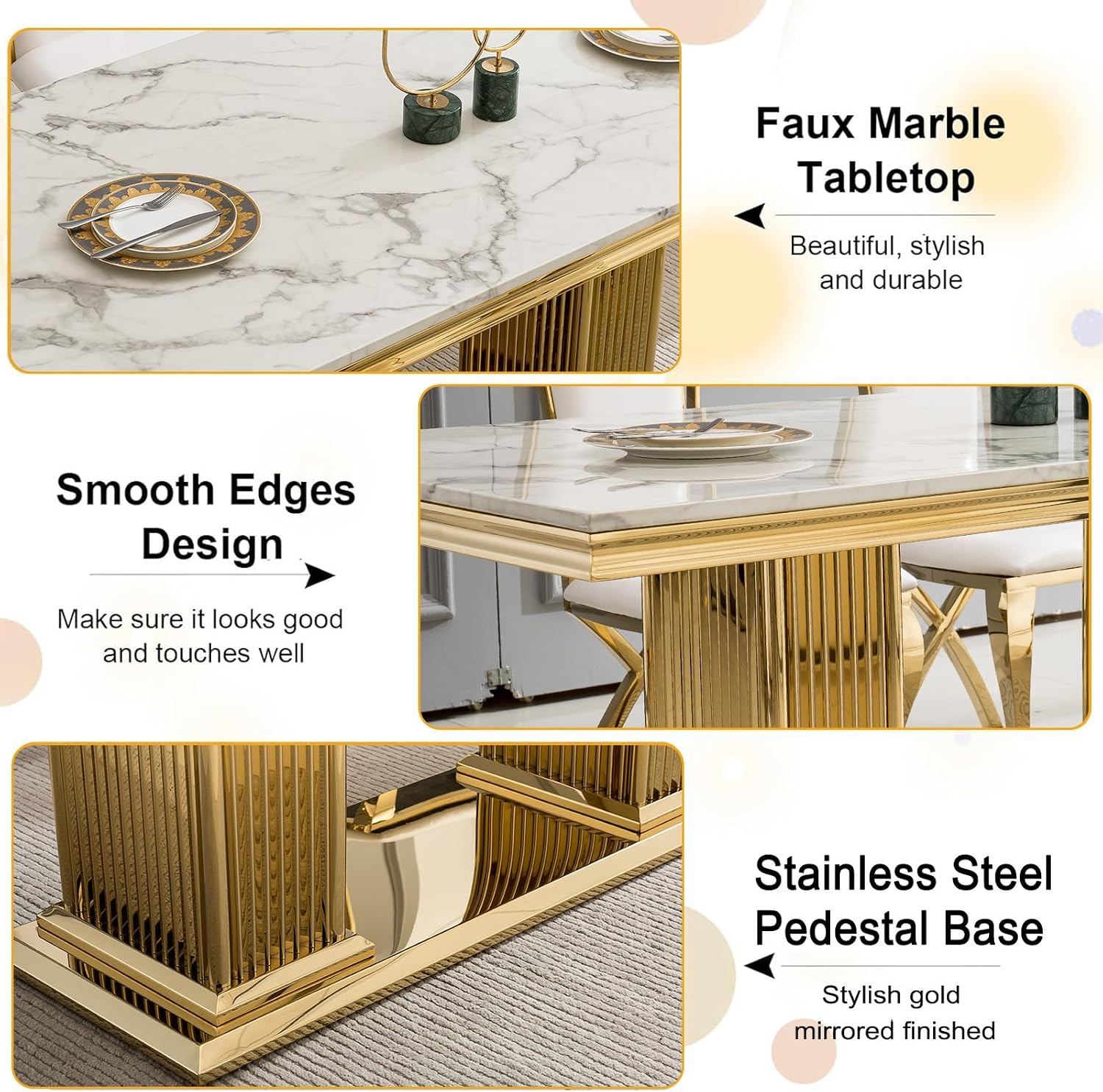 68' White Marble Dining Table for 6 to 8, Luxury Large Rectangular Faux Marble Tabletop & Gold Double Pedestal Base, Mid Century Modern Kitchen Dining Room Table for Dinner Family Gathering