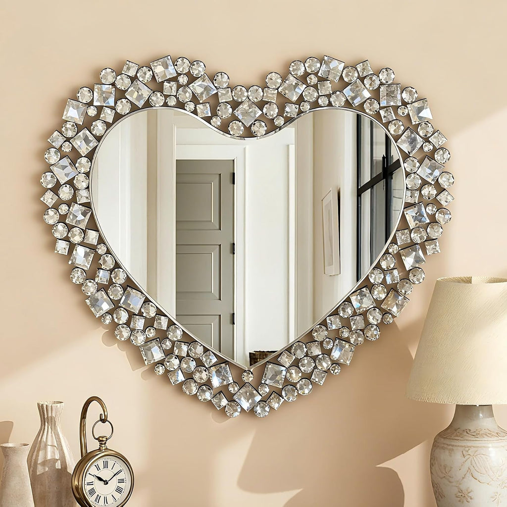 SHYFOY Decorative Heart Wall Mirror, 27.6x30.7 Crystal Round Mirror for Wall Decor, Jeweled Framless Wall Mirrors Modern Accent Silver Wall Decor for Bedroom Livingroom Hallway