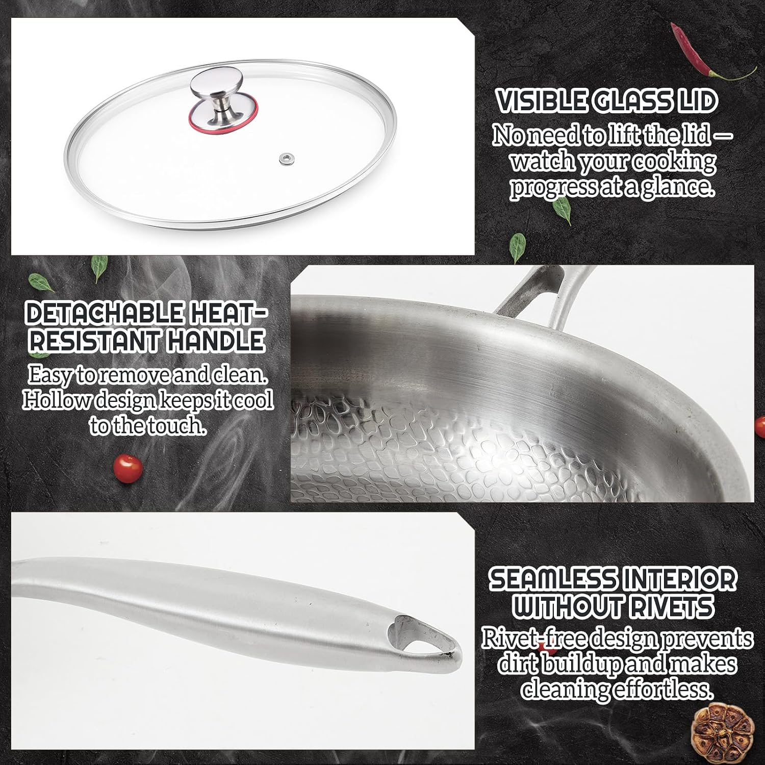 LemonRoad 3 Pcs 10.23', 11.02', 11.81' Titanium Pan Set for Cooking, Hammered Pan with Lid for Cooking Durable Scratch Resistant, Safe for Oven Induction