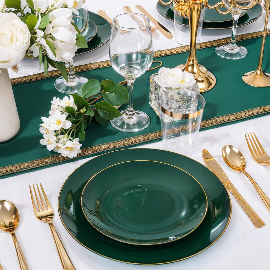 Nervure 100Pcs Green and Gold Plastic Plates - 10.25inch Disposable Green Dinner Plates - Heavy Duty Plastic Plate Ideal for Wedding & Party (Pack of 2)