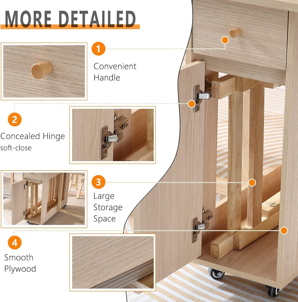 COMUHOME Extendable Drop Leaf Folding Dining Table with 2 Drawers and 4 Wheels for Living Room Kitchen Farmhouse Space Saving Table in Wood Color