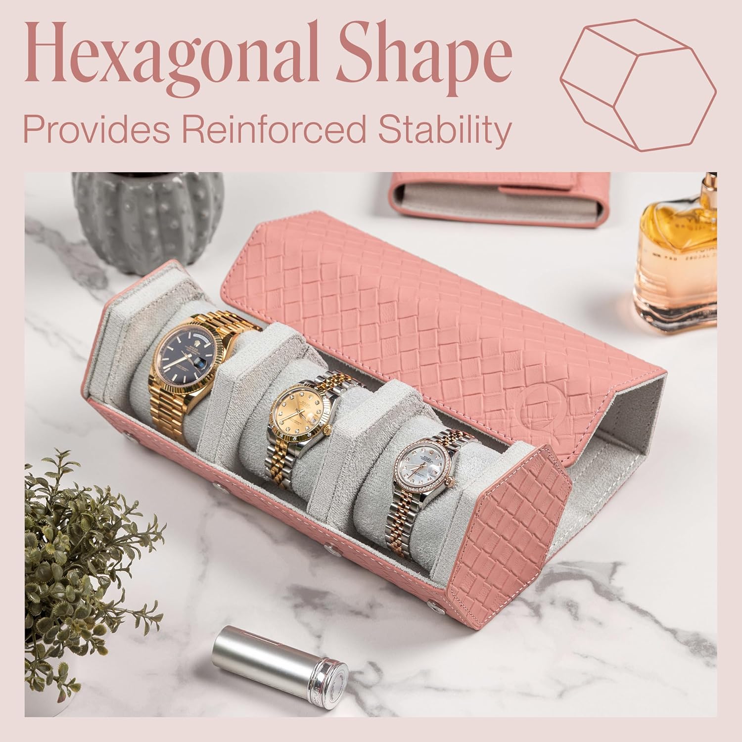 QWATCHBANDS Ladies Leather Watch Rolls for Women - Hexagon Triple Watch Roll Travel Case for 3 Watches - Storage Organizer Genuine Leather with Velvet Interior Display (Woven Pink/Gray)