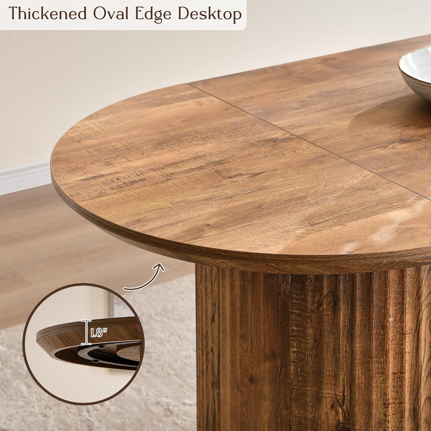 T4TREAM 63' Fluted Oval Dining Table for 4-6, Mid-Century Modern Kitchen Table with Thickened Edge & Semi-Cylindrical Base, Wood Table for Dining Room/Kitchen/Home Office,Gold Rustic Brown(Table Only)