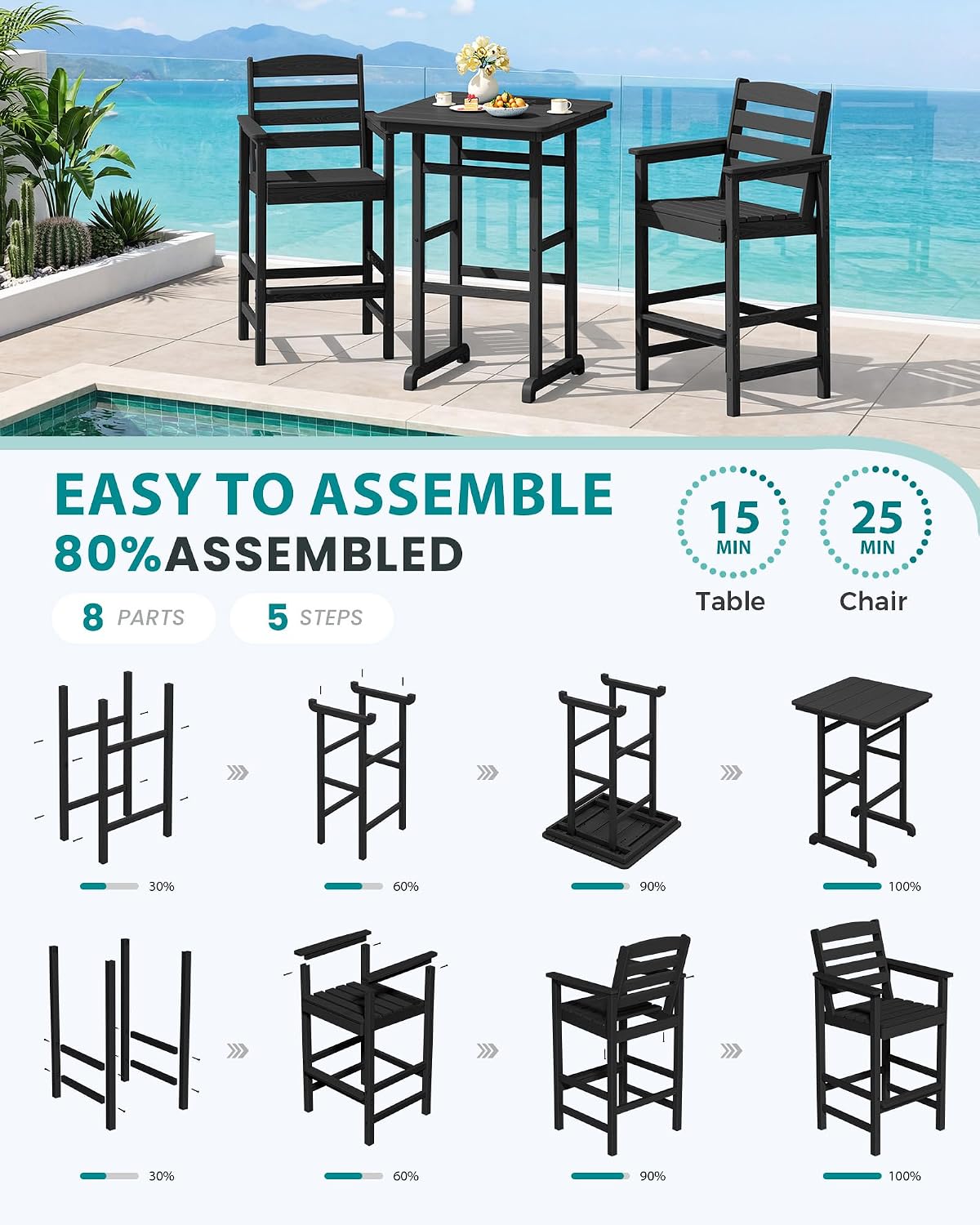 SERWALL 4 Pieces Outdoor Patio Bar Set with 9ft Umbrella, Outdoor HDPE Barstool and Table Furniture Set with Patio Umbrella, Black