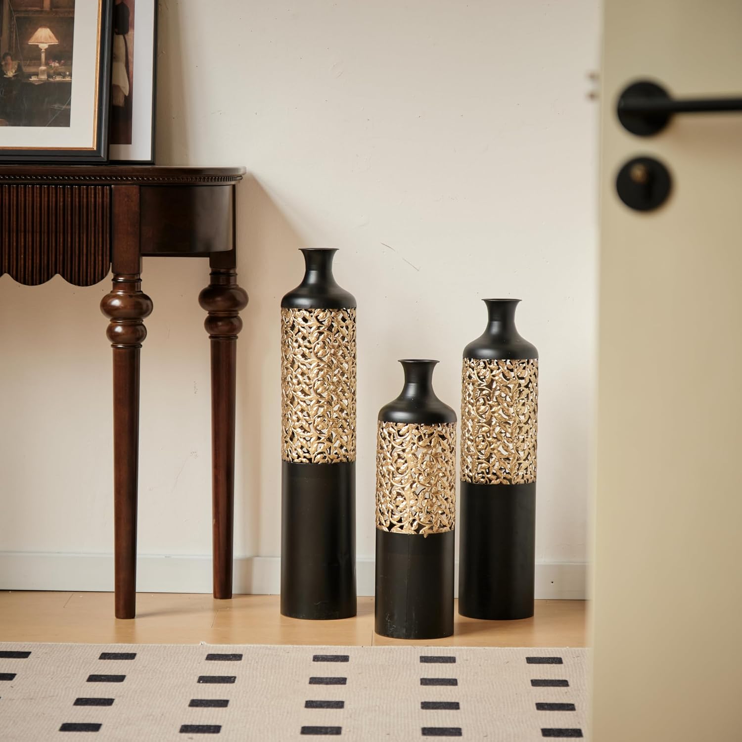 Floor Metal Decorated Vases Set of 3 for Gorgeous Home Decoration Large Glazed Metal Vases (Black)