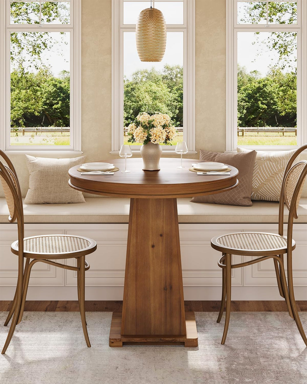LITTLE TREE Solid Wood Round Dining Table, 31.5' Small Kitchen Table for 2, Modern Farmhouse Dinner Table for Dining Room, Kitchen, Living Room, Artistic Geometric Base, Table Only (Rustic Brown)