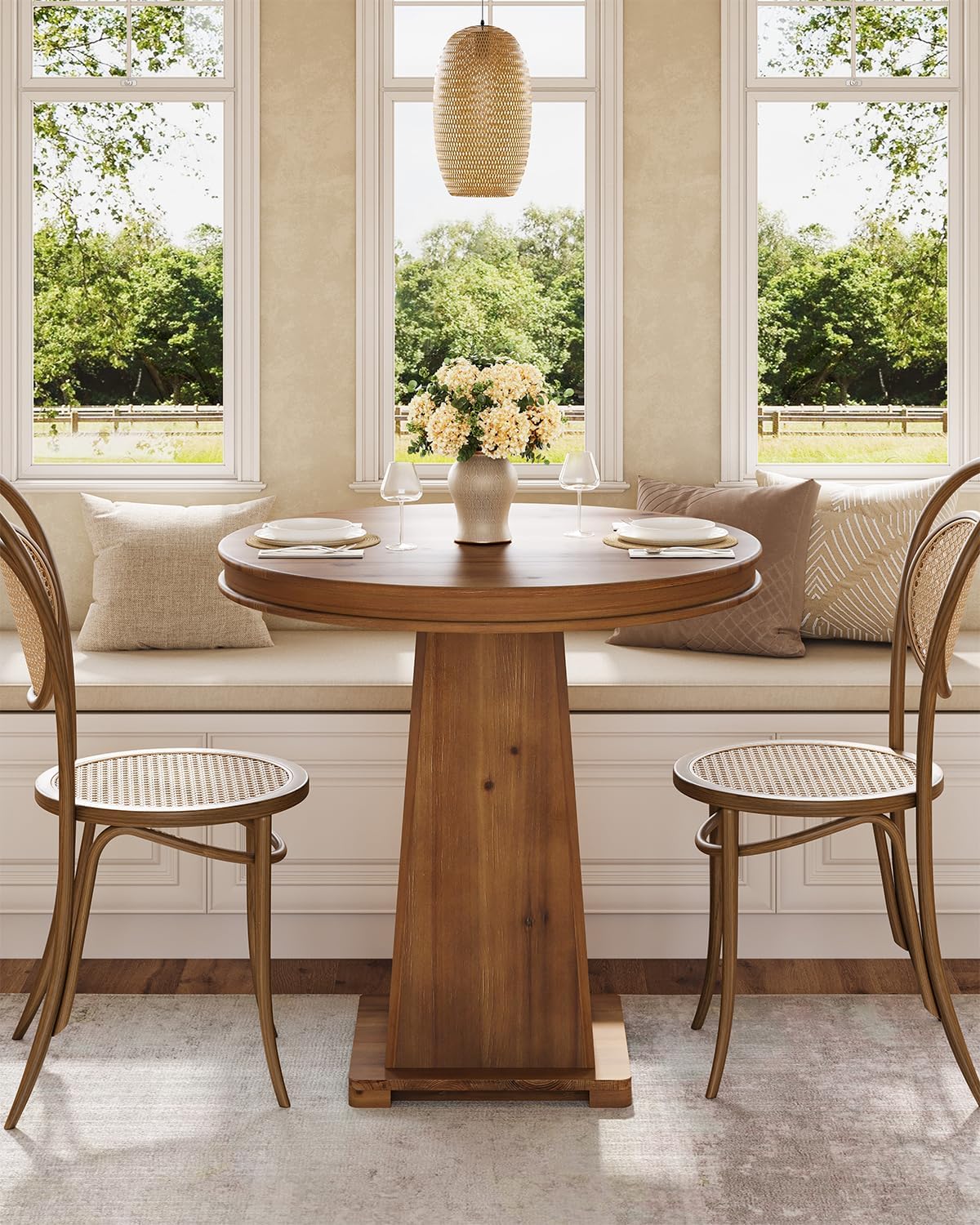 LITTLE TREE Solid Wood Round Dining Table, 31.5' Small Kitchen Table for 2, Modern Farmhouse Dinner Table for Dining Room, Kitchen, Living Room, Artistic Geometric Base, Table Only (Rustic Brown)