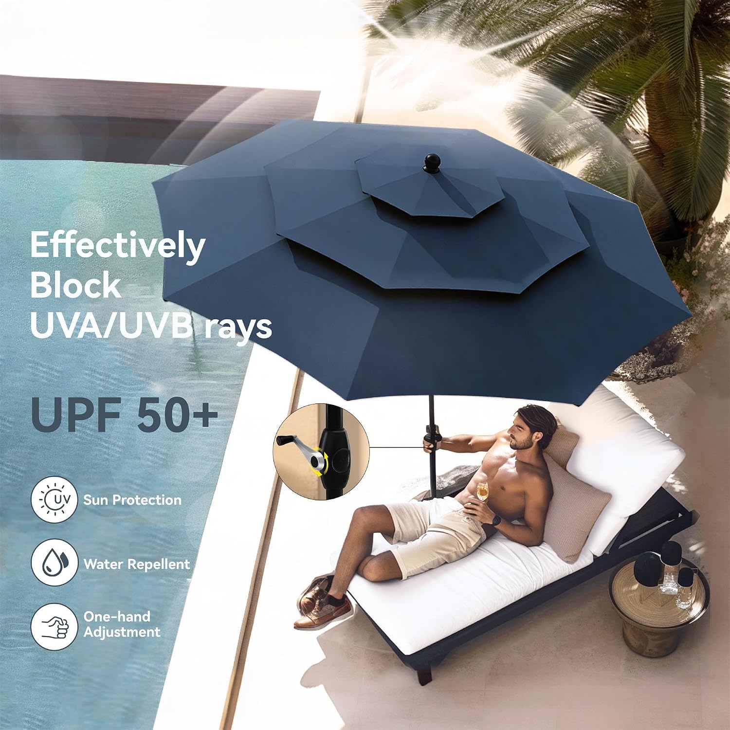 PHI VILLA Outdoor Dining Furniture Set with Umbrella, Patio Dining Set for 4 with Metal Outdoor Table and Chairs, Patio Table Set with Portable Folding Chairs & Navy Blue Umbrella (No Base)