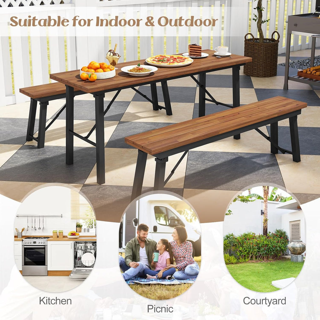 Tangkula 59' Narrow Outdoor Dining Table for 4-6, No Assembly Foldable Patio Dining Table with Acacia Wood Top & Heavy Duty Metal Frame, Portable Table for Yard, Garden, Poolside or Indoor (Natural)