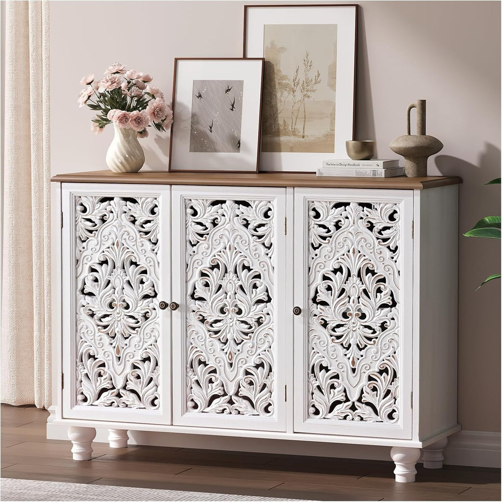 JOINICE Accent Cabinet with 3 Carved Doors,Farmhouse Buffet Cabinet with Storage for Living Room, Entryway, Dining Room, Coffee Bar(White)