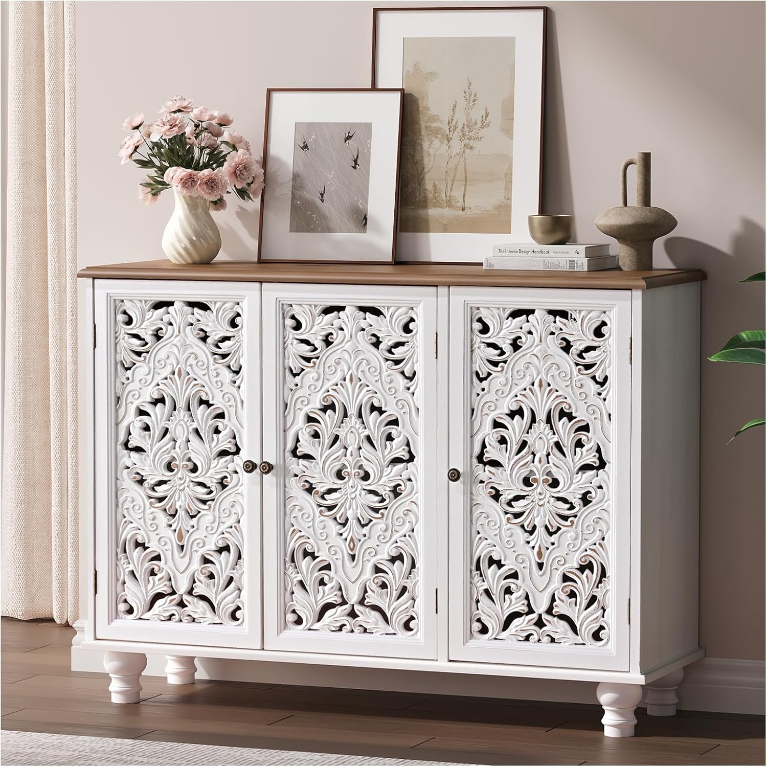 JOINICE Accent Cabinet with 3 Carved Doors,Farmhouse Buffet Cabinet with Storage for Living Room, Entryway, Dining Room, Coffee Bar(White)