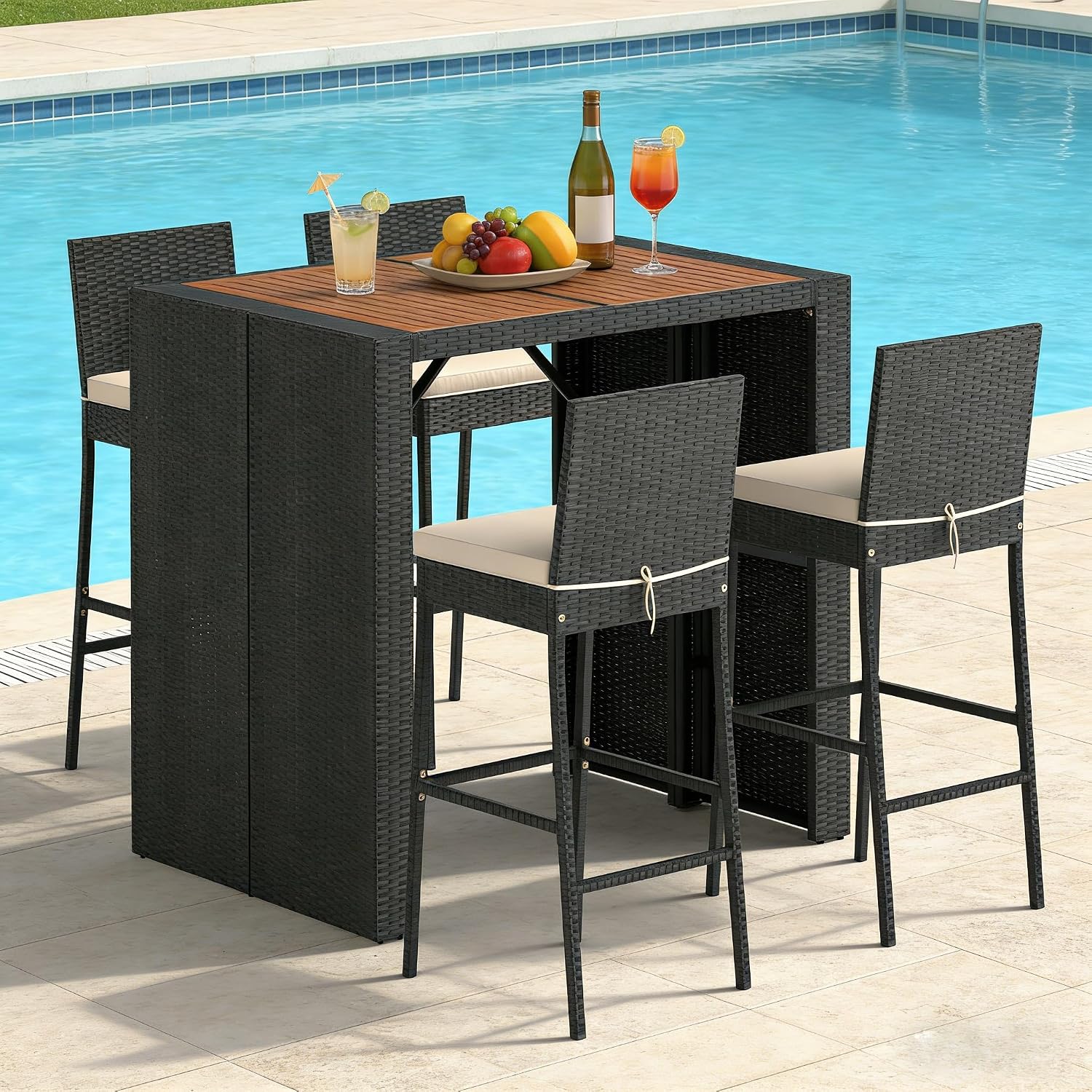 COSTWAY 5 Piece Patio Bar Set, Outdoor Rattan Wicker Bar Table and 30'' High Top Chairs Set with Acacia Wood Tabletop and Cushions for Poolside, Backyard