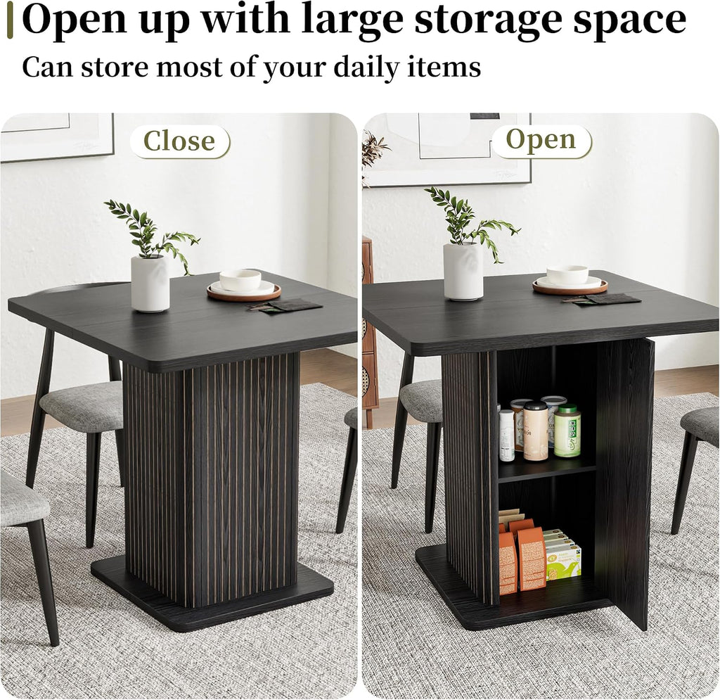 Small Black Dining Table for 2-4, 31.5 Inch Farmhouse Square Kitchen Table with 2-Tier Storage Shelf, Modern Wood Dinner Furniture with Fluted Doors, Dining Room, Living Room, Space Saving