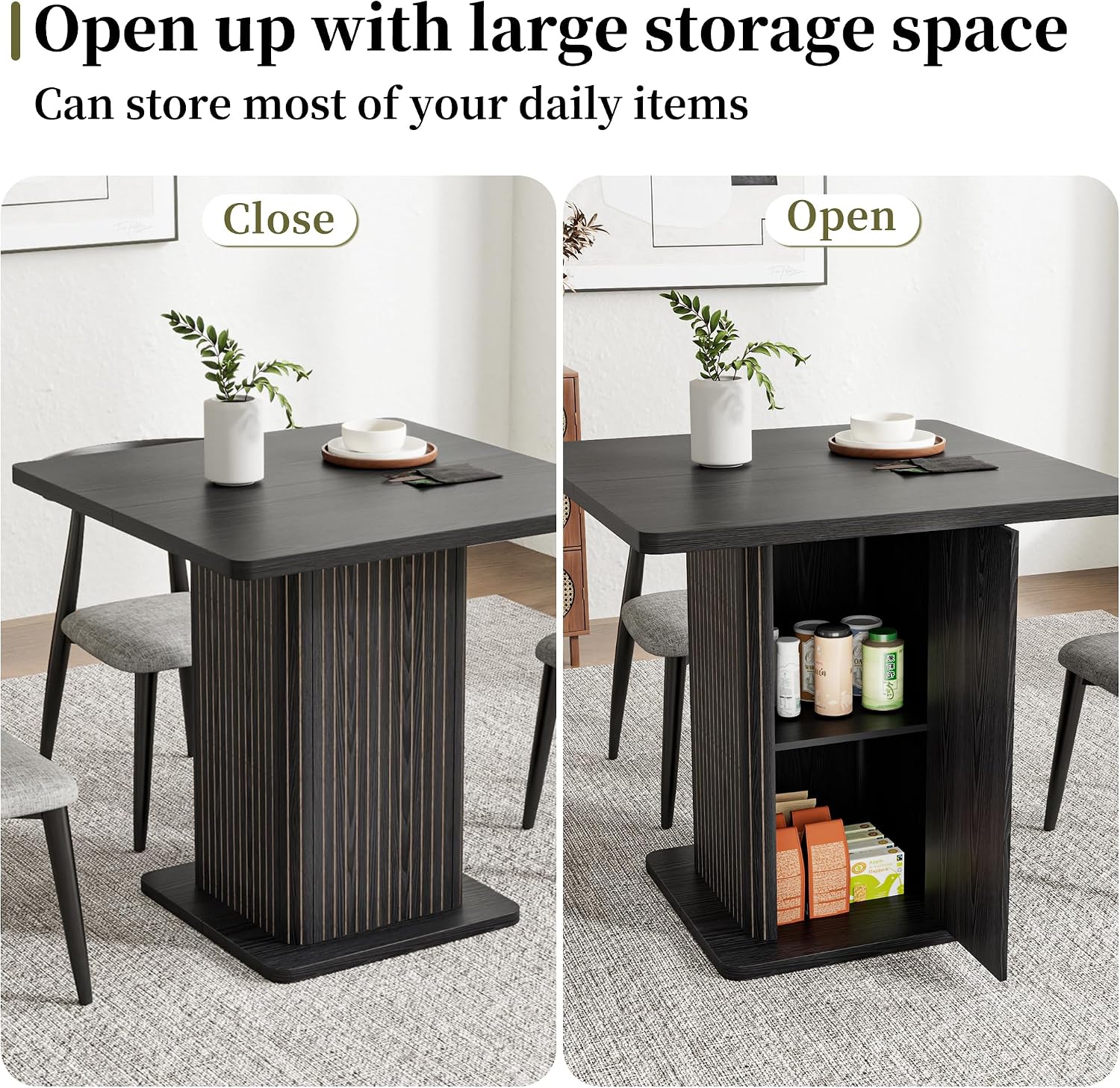Small Black Dining Table for 2-4, 31.5 Inch Farmhouse Square Kitchen Table with 2-Tier Storage Shelf, Modern Wood Dinner Furniture with Fluted Doors, Dining Room, Living Room, Space Saving
