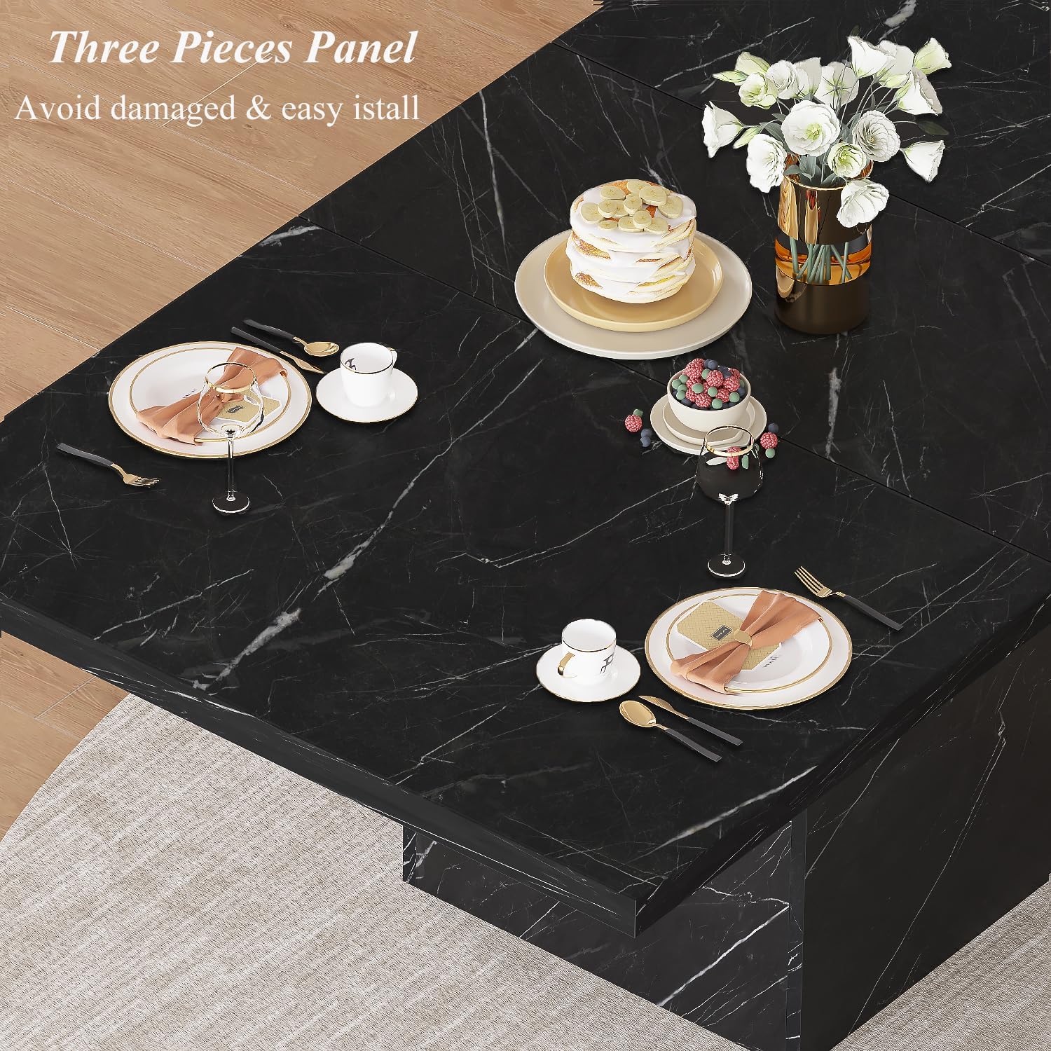 HSH Black Faux Marble Dining Table, 63 inch Modern Dinner Table for 6 Person, Farmhouse Rectanglur Kitchen Table for Living Room, Long Wood Dining Room Tables with strong Pedestal, Black Marble, 63 In
