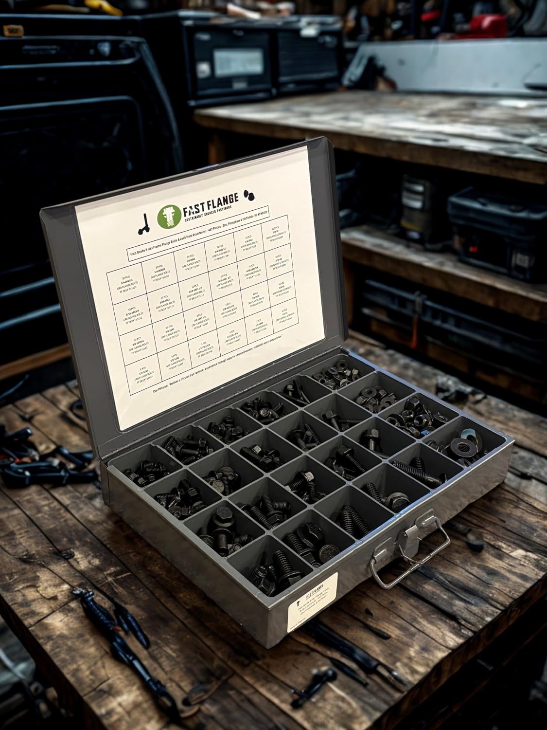 Grade 8 Hex Cap Flange Frame Bolt Zinc Phos & Oil & Locking Flange Nuts Assortment Kit - 447 Pieces