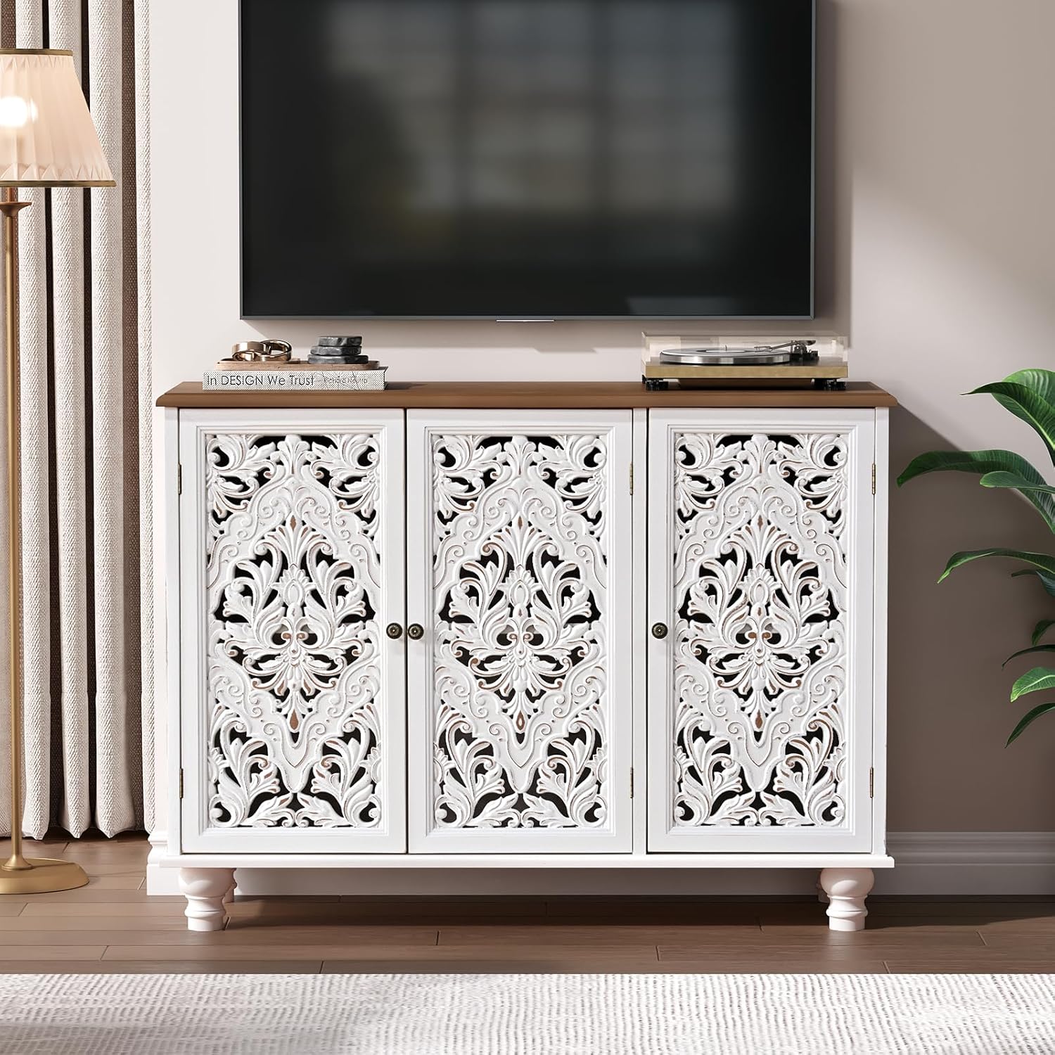 JOINICE Accent Cabinet with 3 Carved Doors,Farmhouse Buffet Cabinet with Storage for Living Room, Entryway, Dining Room, Coffee Bar(White)