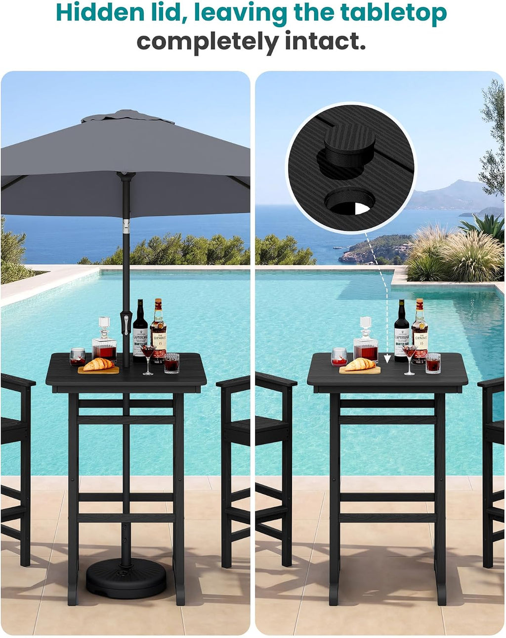 SERWALL 4 Pieces Outdoor Patio Bar Set with 9ft Umbrella, Outdoor HDPE Barstool and Table Furniture Set with Patio Umbrella, Black