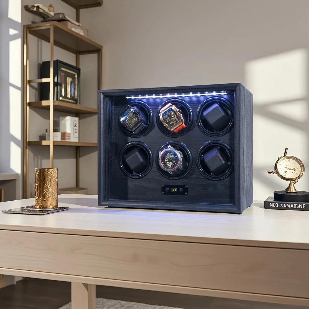 Watch Winder for 2/4/6/8 Automatic Watches, Watch Rotator for Rolex 15 Rotation Modes Display Box White Light, Watches Winder Case with USB-C Adapter, Present for Men Quiet Mabuchi Motor(≤5db)