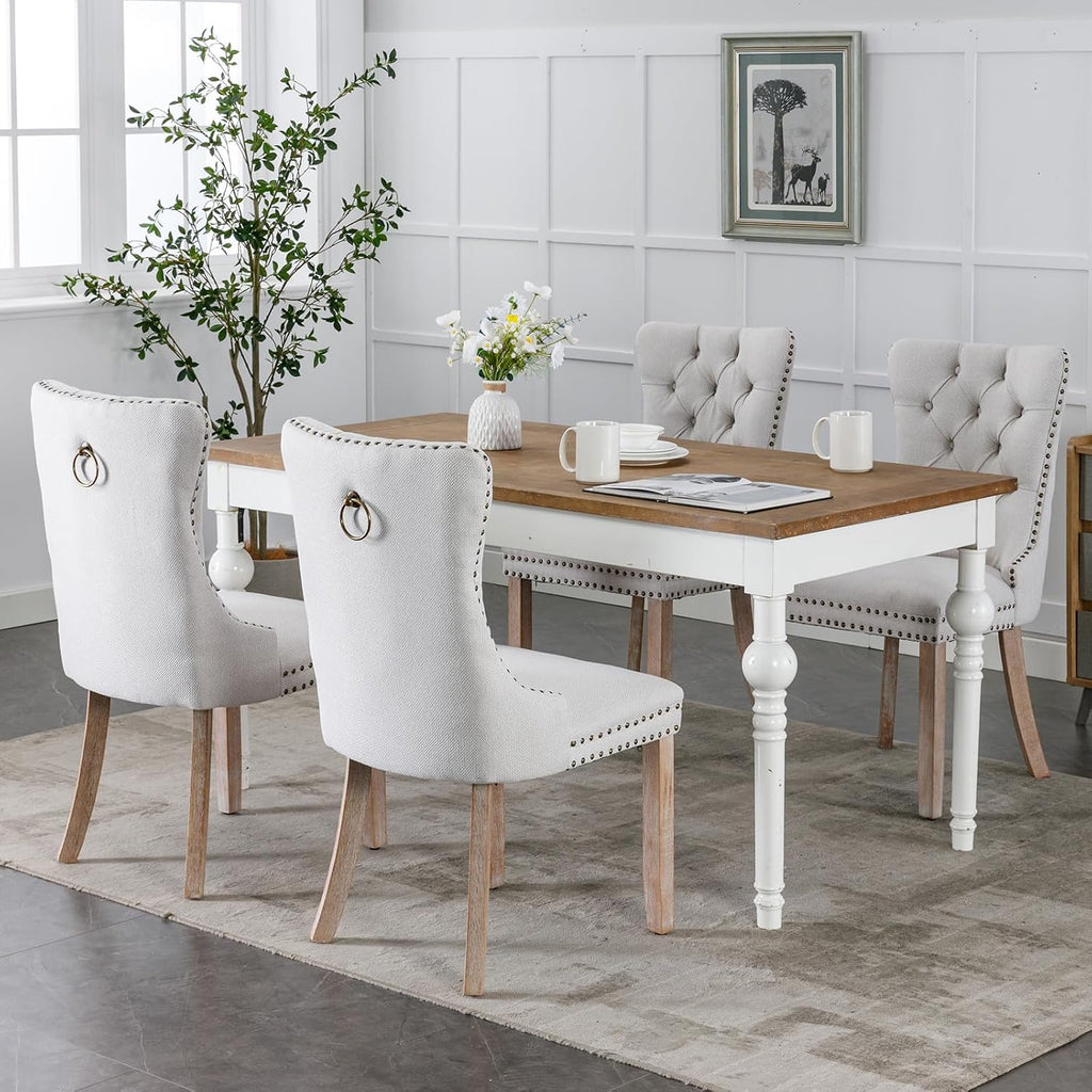 ODUSE-DAILY Beige Linen Dining Chairs Set of 4, Kitchen & Dining Room Chairs Set of 4, Tufted Dining Chairs, Upholstered, Wood Legs (Beige White, 4pcs)