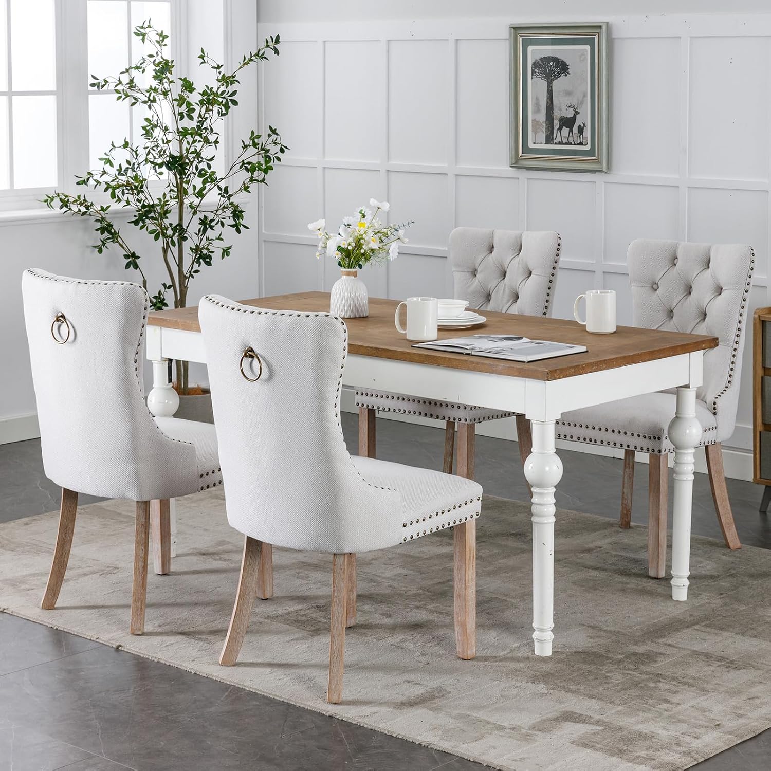 ODUSE-DAILY Beige Linen Dining Chairs Set of 4, Kitchen & Dining Room Chairs Set of 4, Tufted Dining Chairs, Upholstered, Wood Legs (Beige White, 4pcs)