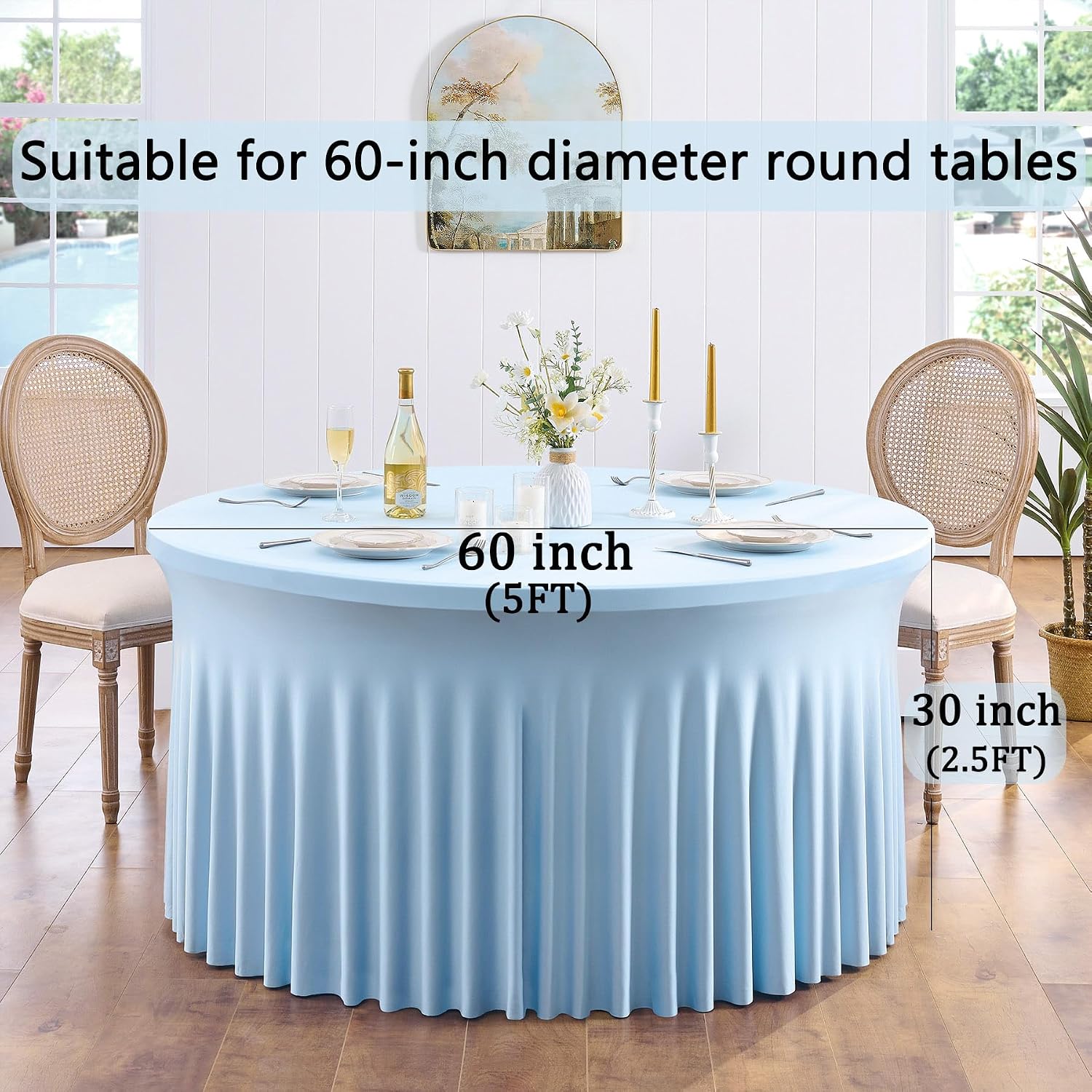 6 Pack Spandex Baby Blue Round Tablecloths for 60in Table, Stretchy 120inch Fitted 5ft Table Cloths, Wrinkle Free Round Tablecovers Skirt for Wedding Birthday Parties Baby Shower Banquet