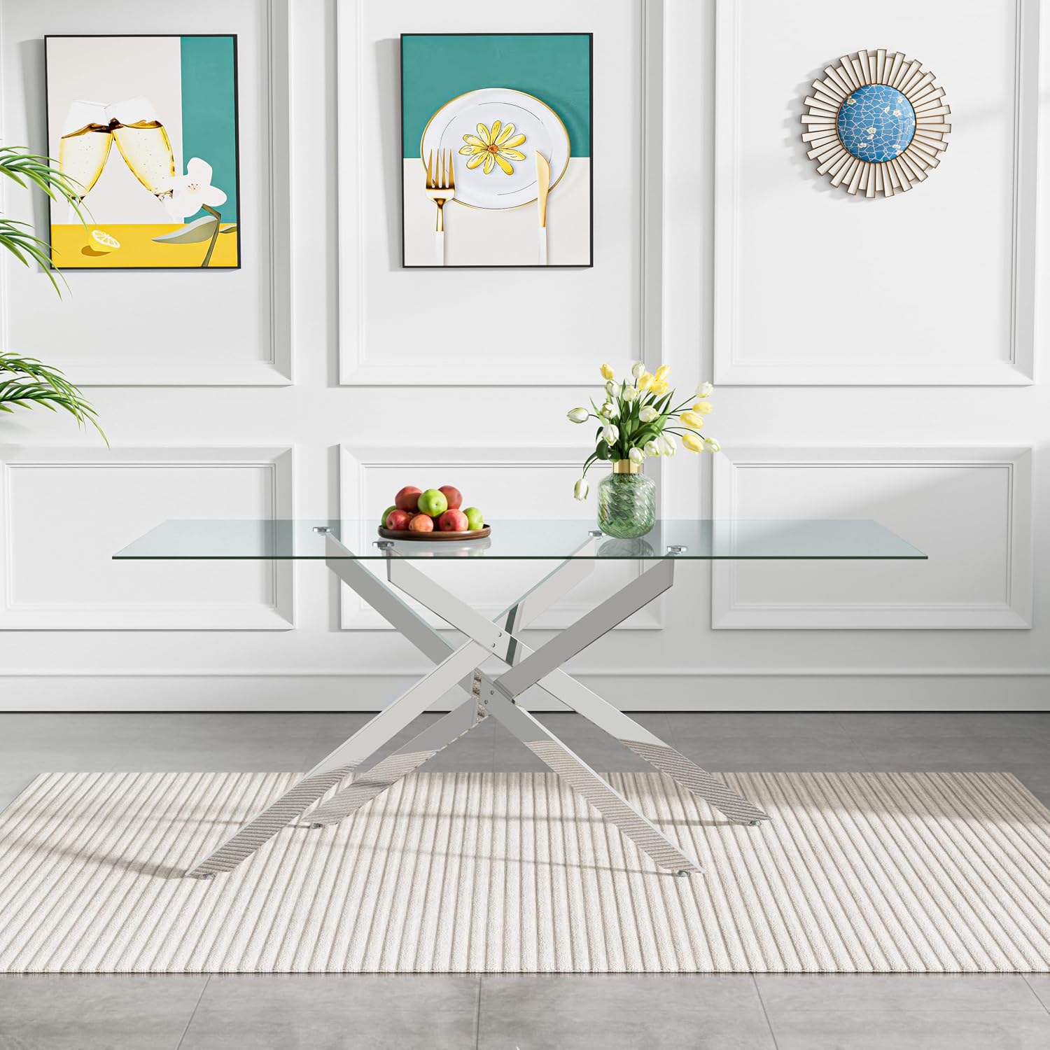 60' Glass Dining Table Modern Kitchen Table for 4-6 People, Contemporary Rectangular Dining Room Dinner Tables with Clear Glass Top & Silver Metal X Legs for Kitchen Apartment