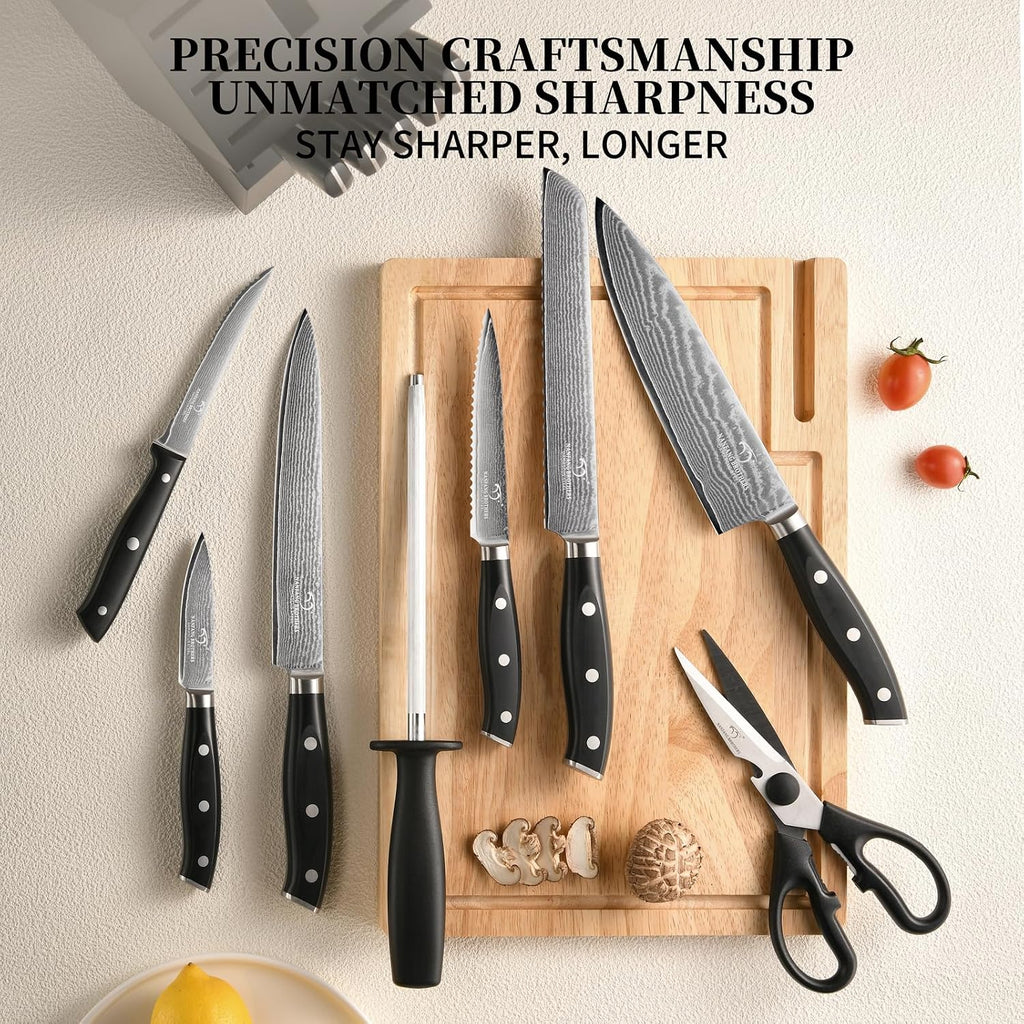 NANFANG BROTHERS Damascus Kitchen Knife Set 14 Pieces with Shears & Sharpener - VG10 Damascus Steel, ABS Ergonomic Handle, Wooden Block Storage Black