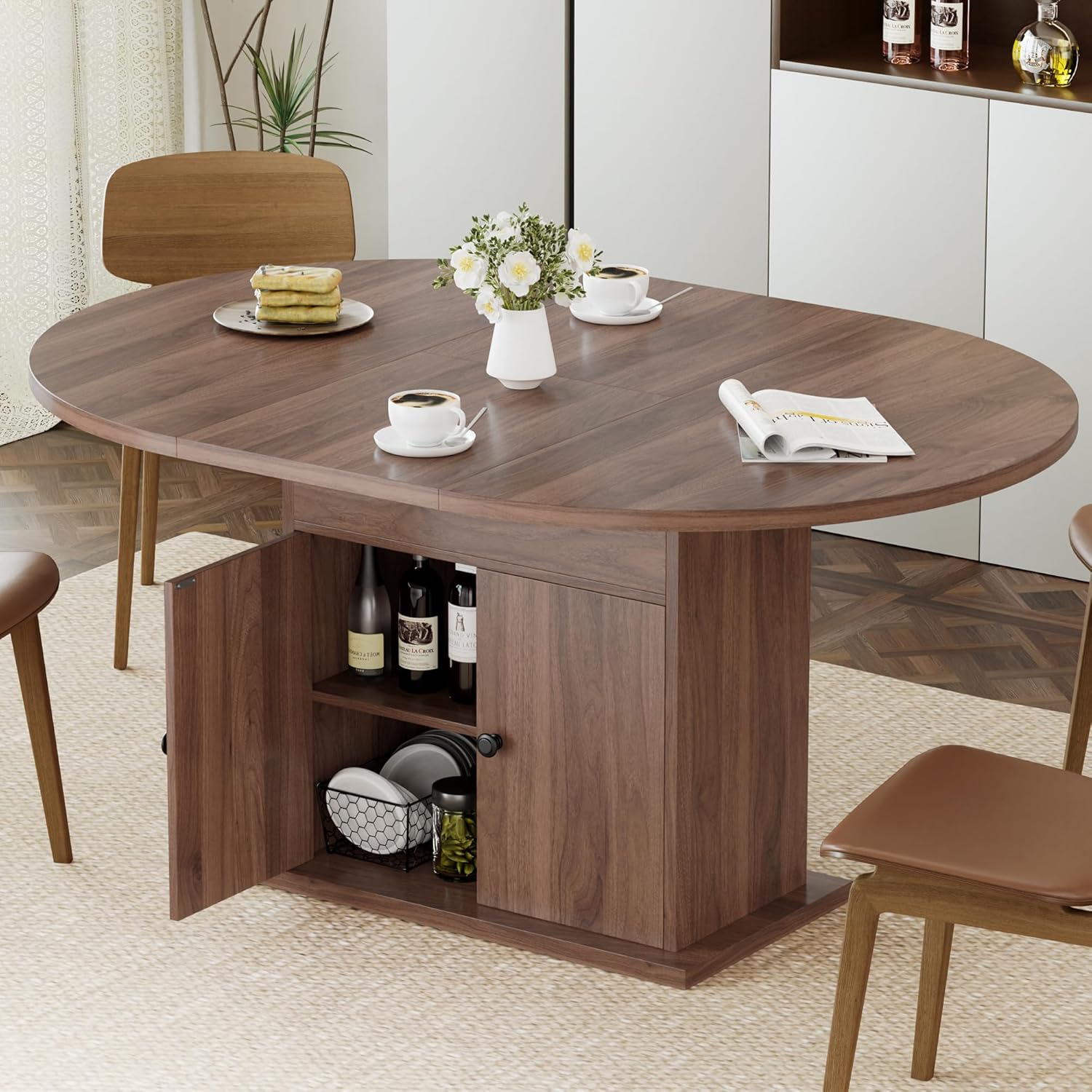 43.3in-59in Extendable Round Dining Table for 4-8, Modern Expandable Kitchen Oval Dining Table, Space Saving Circle Dining Room Table with Storage Shelf for Kitchen Living Room