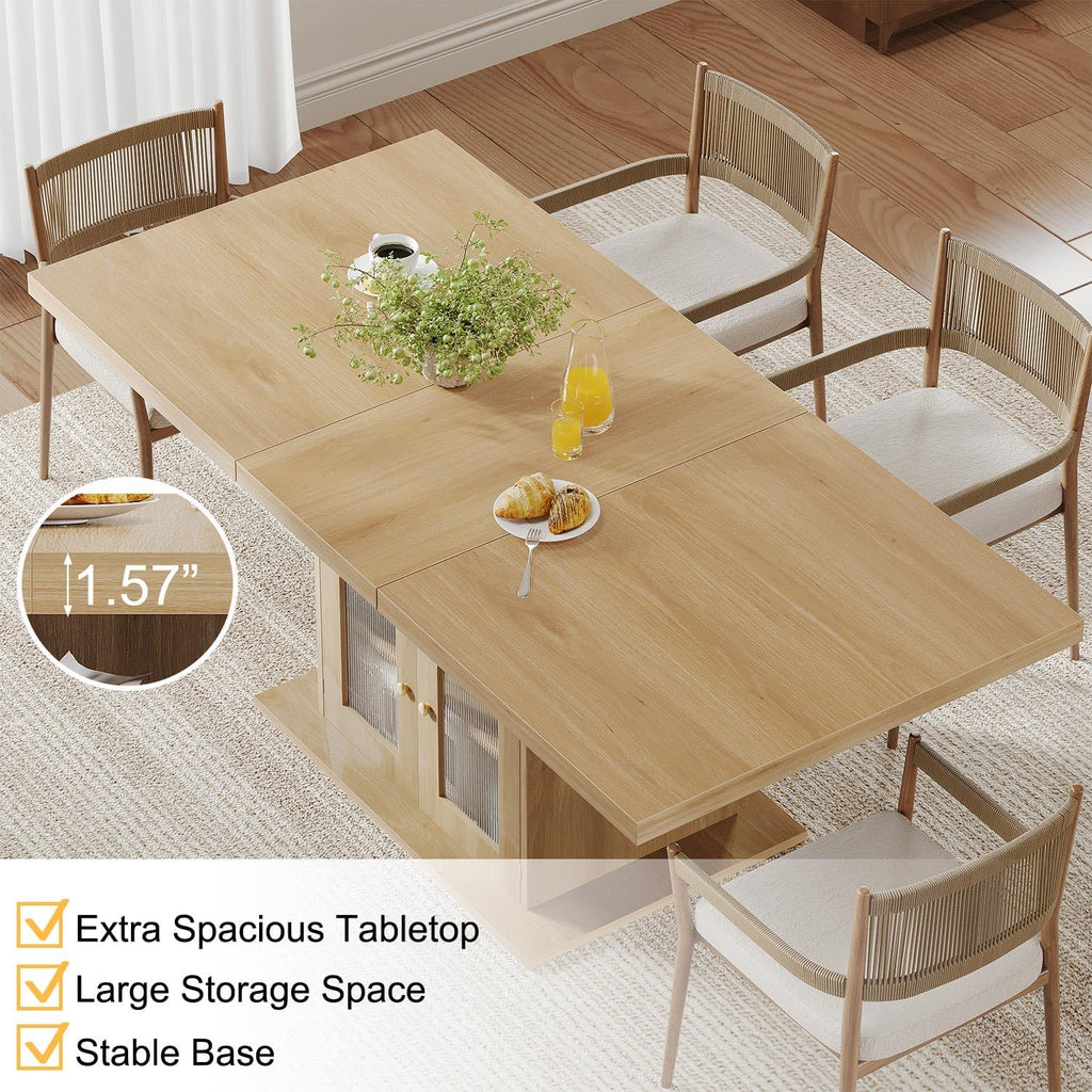 HSH Dining Table for 4–6, 63 Inch Wood Farmhouse Kitchen Table with 3-Tier Storage Shelf and Acrylic Door Cabinet, Rectangular Modern Dining Room Dinner Table for Apartment Home Small Space, Light Oak