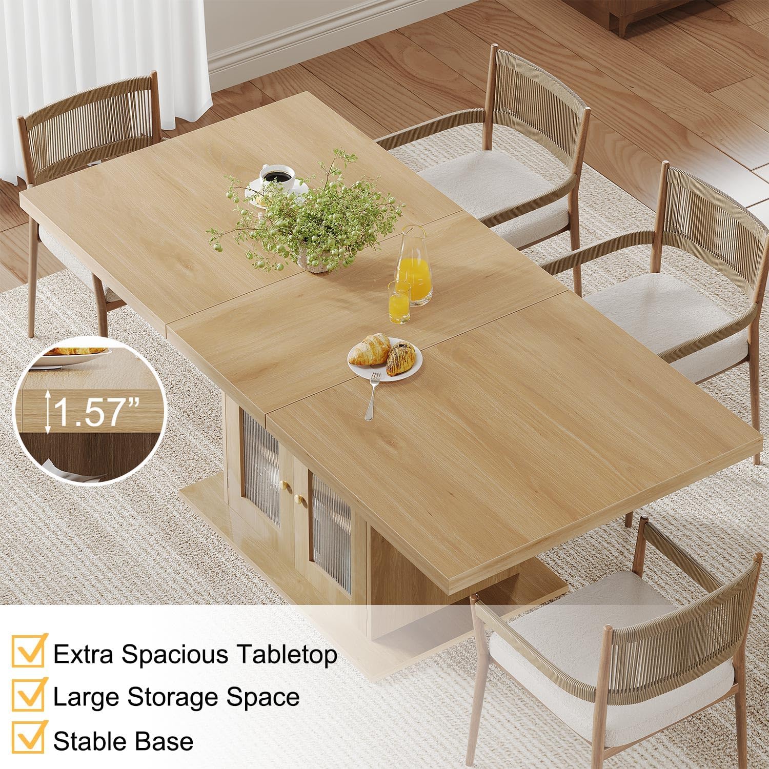 HSH Dining Table for 4–6, 63 Inch Wood Farmhouse Kitchen Table with 3-Tier Storage Shelf and Acrylic Door Cabinet, Rectangular Modern Dining Room Dinner Table for Apartment Home Small Space, Light Oak