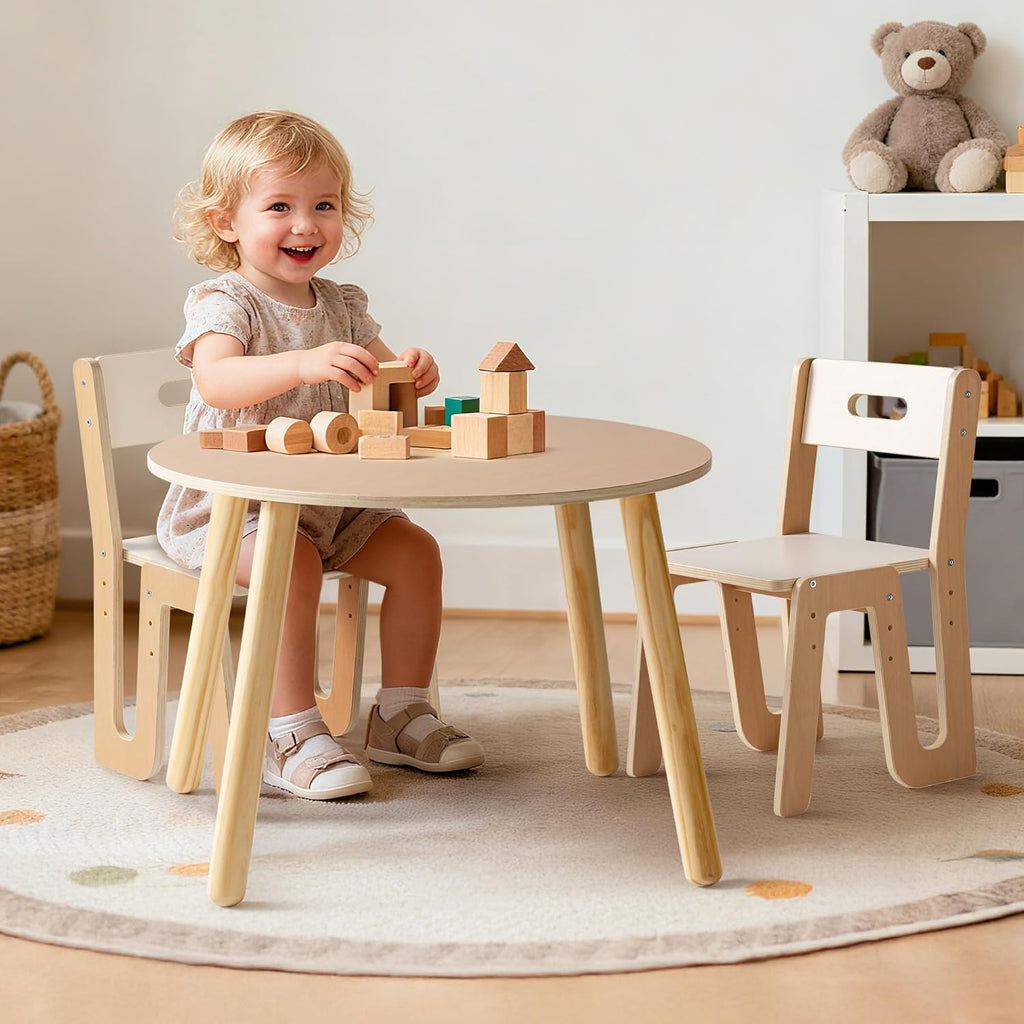 ROBOTIME Wooden Kids Table and Chairs, Adjustable Height Toddler Table and Chair Set, Round Kids Desk and Chair Set for Ages 3+, Sturdy Design, Easy to Clean, Perfect for Study, Playroom & Mealtime