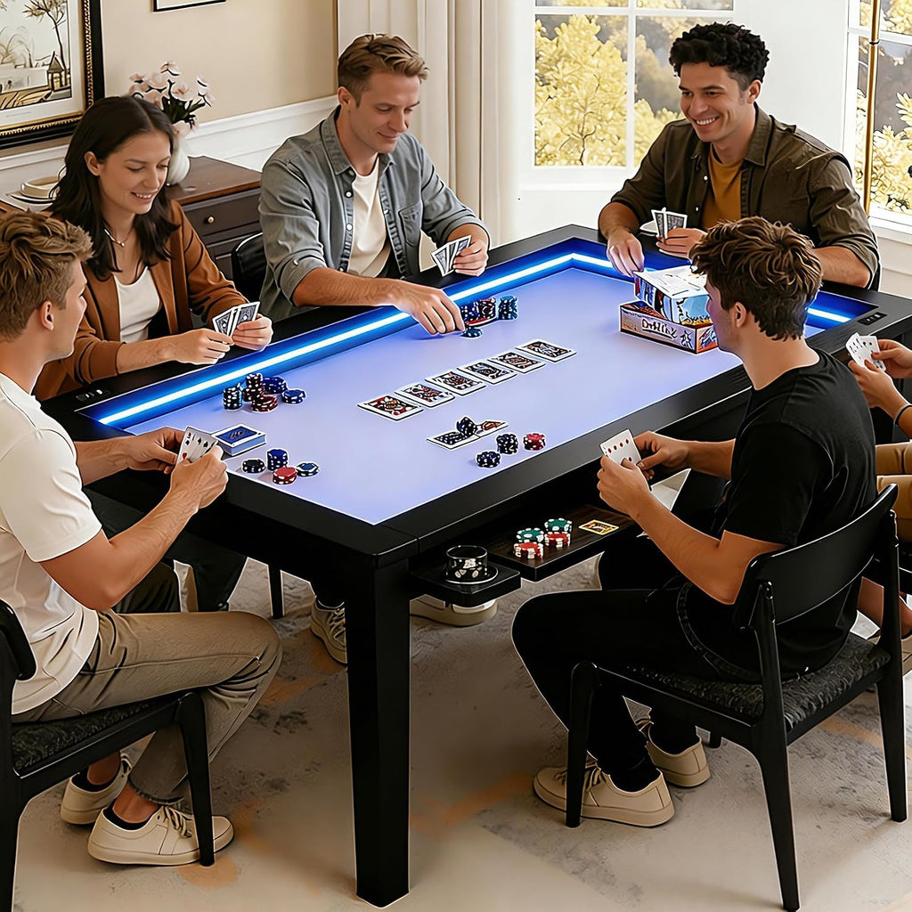 Haddockway Solid Wood Board Game Table with Colorful Led Lights, Dining/Gaming Table for 4-6 Players with Charge Station,Removable Top, Play Mat, 6 Cup Holders & Trays (Black)