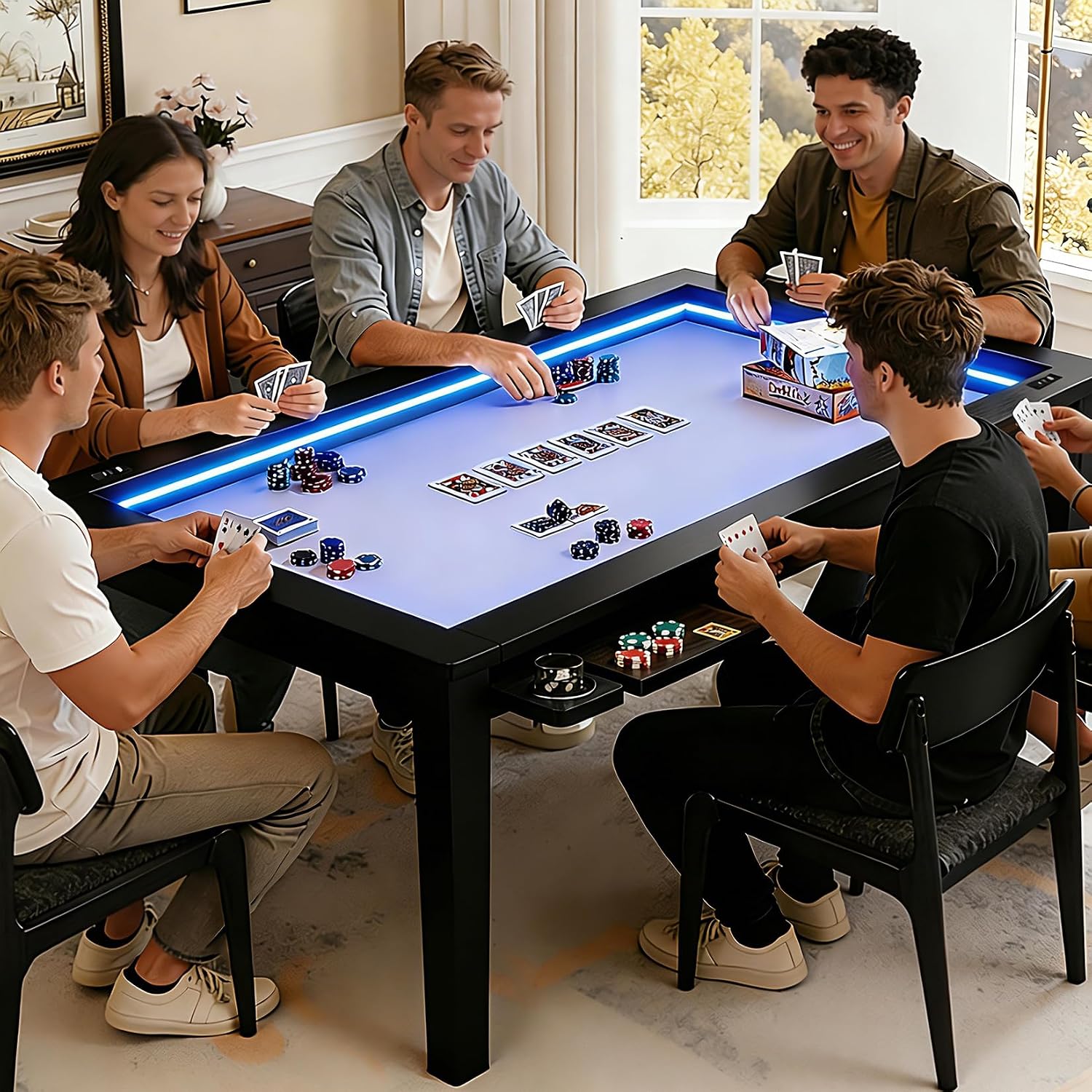 Haddockway Solid Wood Board Game Table with Colorful Led Lights, Dining/Gaming Table for 4-6 Players with Charge Station,Removable Top, Play Mat, 6 Cup Holders & Trays (Black)