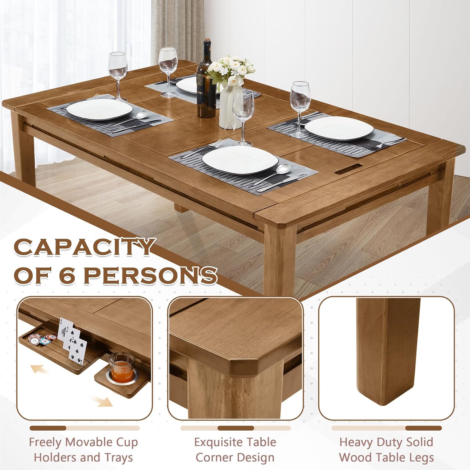 Haddockway 63' ×39' Board Game Table with Removable Top, Solid Wood Dining/Gaming Table for 4-6 Players with Play Mat, 6 Detachable Cup Holders & 6 Hobby Trays (Light Walnut)